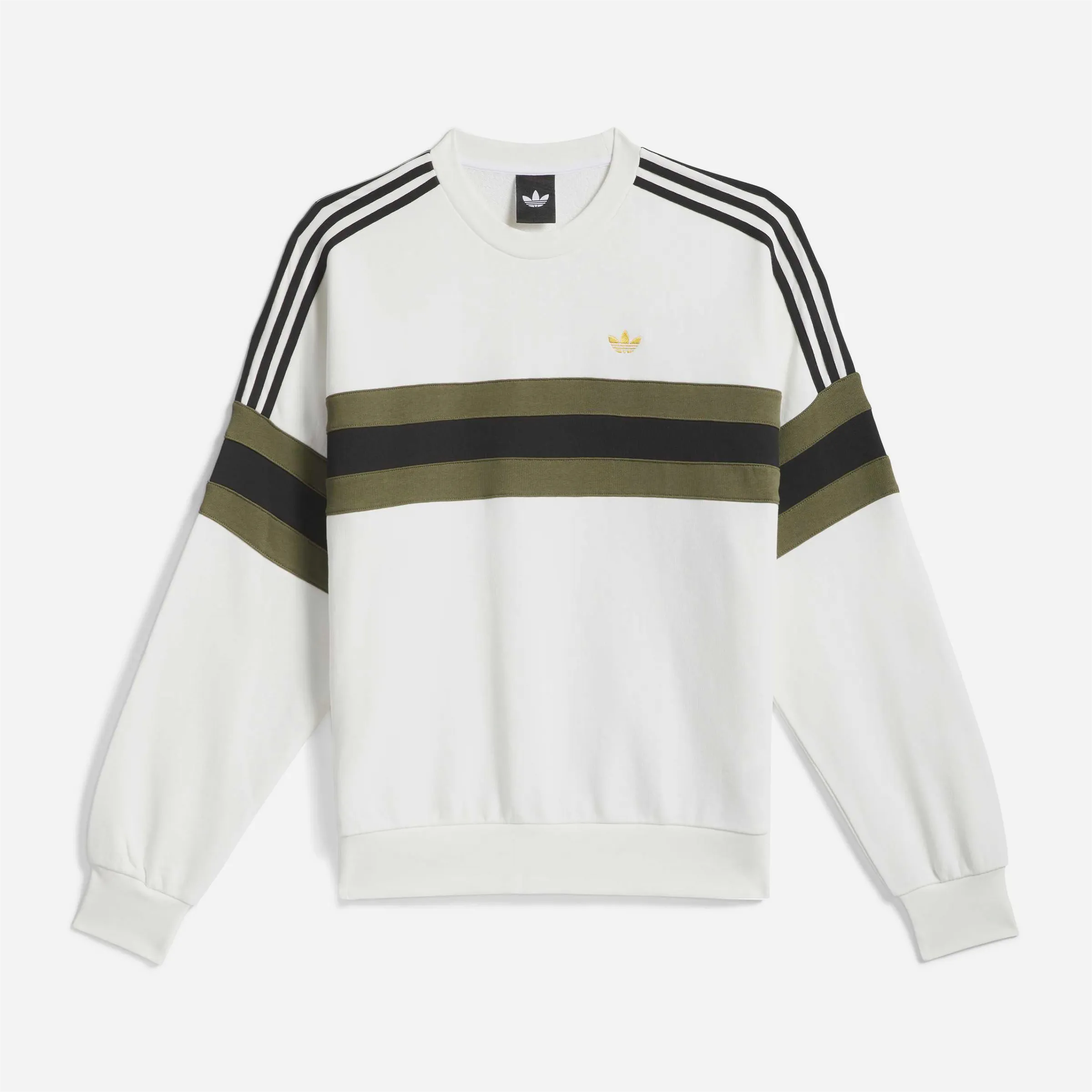 Sweat-shirt col rond Adidas Skateboarding blanc avec bandes vertes et noires.