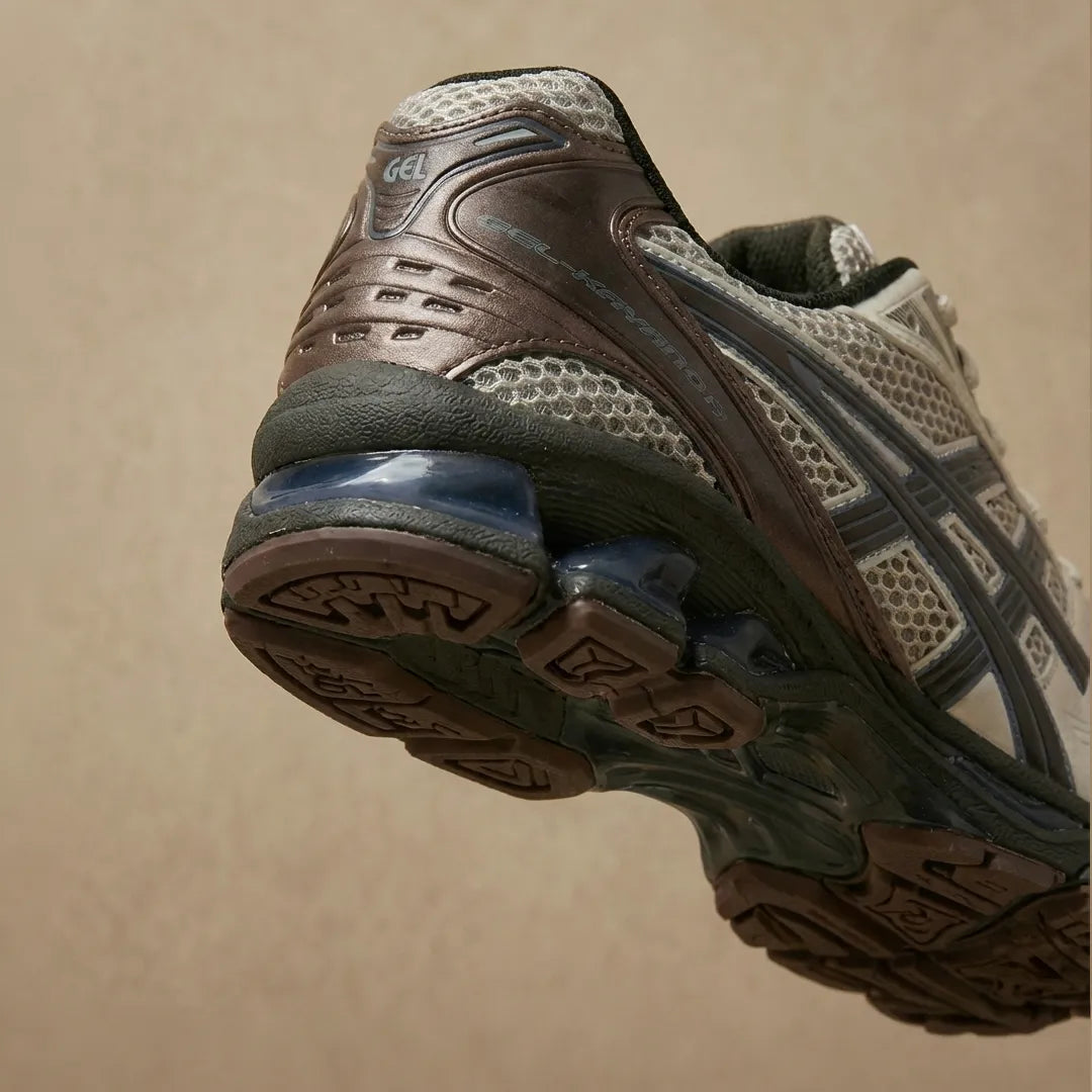 Asics Gel Kayano 14 Cream Blue Coast macro talon