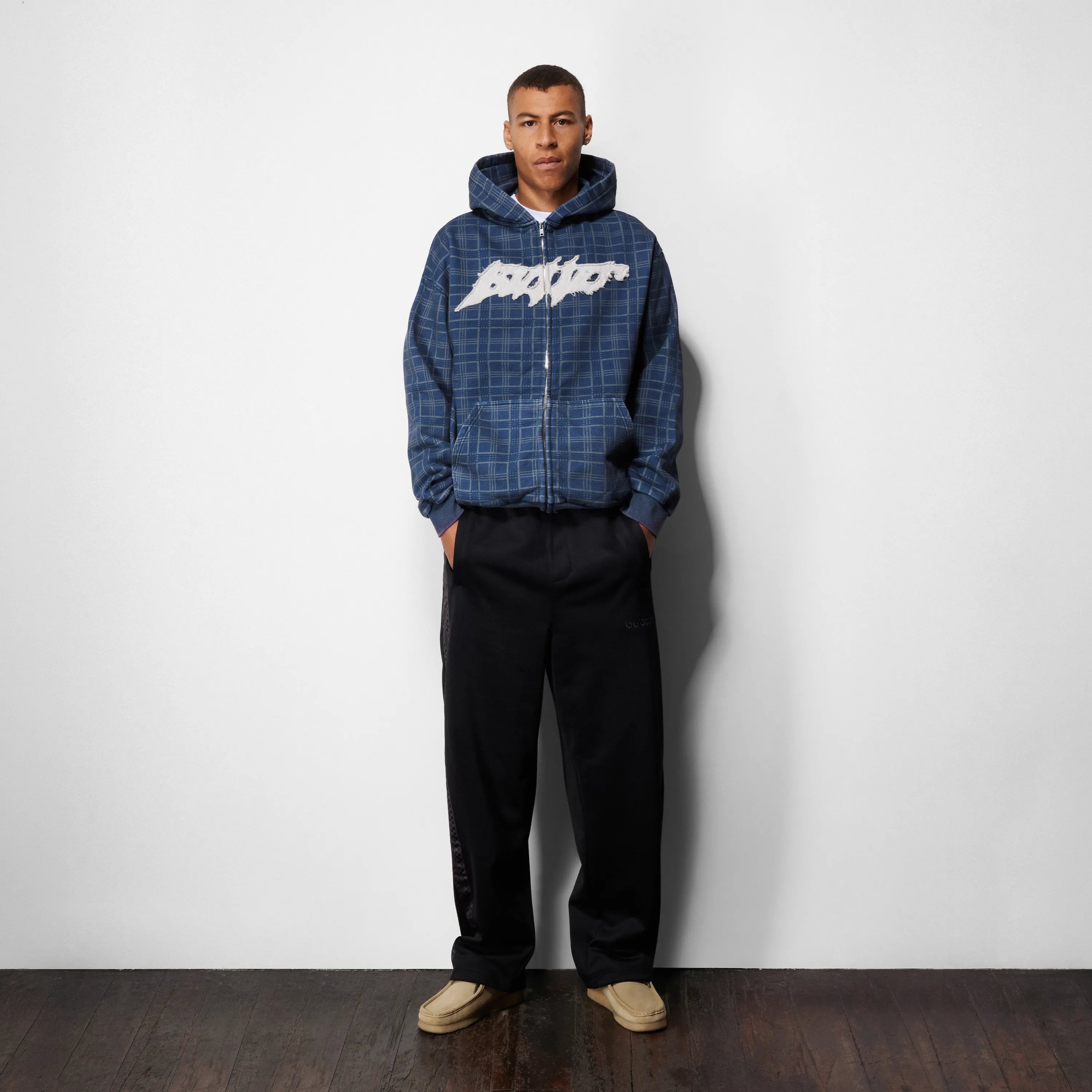Sweat Zippé Butter Goods - Amplify Zip-Thru Hood Washed Navy Plaid