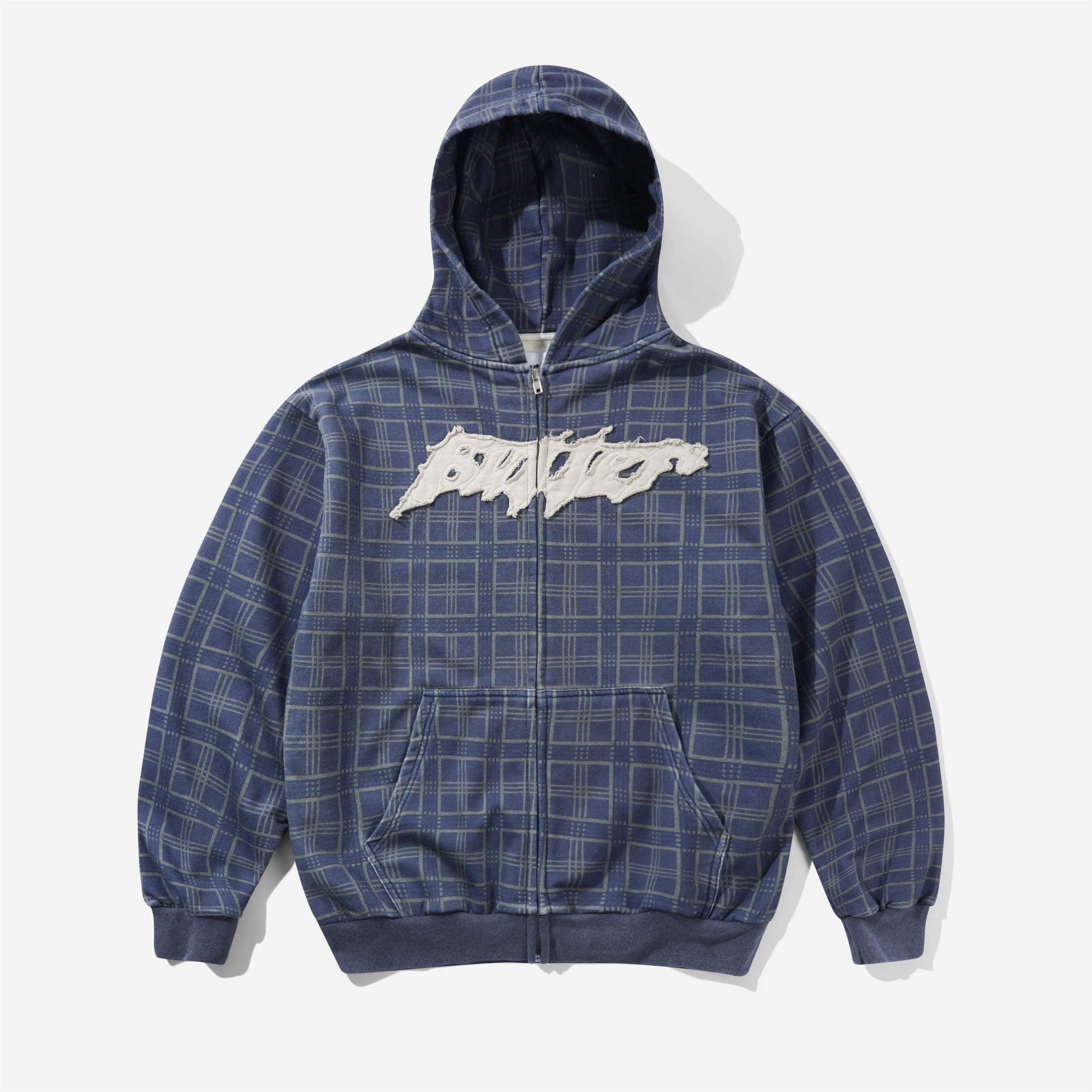 Sweat à capuche zippé Butter Goods Amplify Zip-Thru Hood bleu marine à carreaux délavé avec grand logo appliqué.