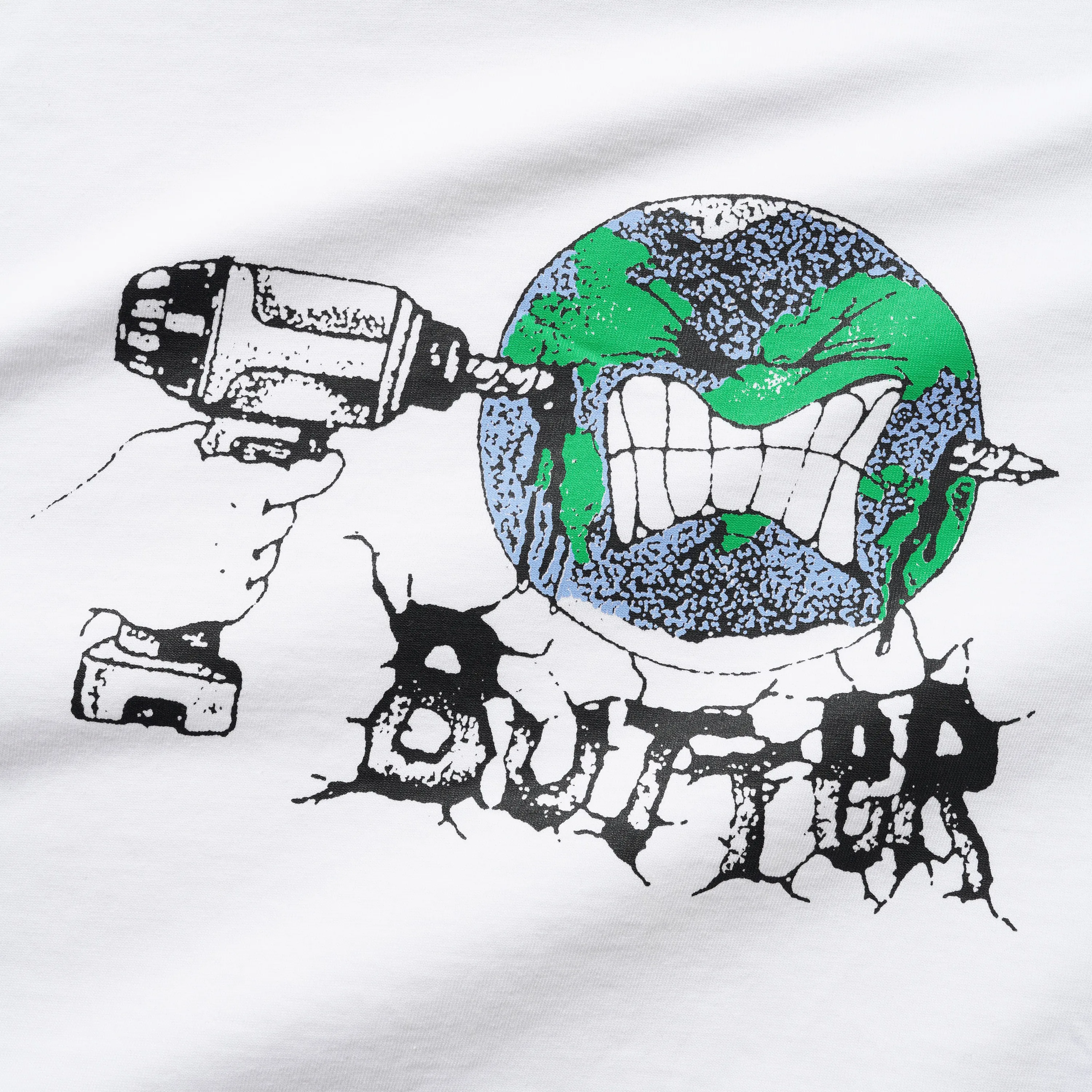 Close up on the Butter Goods screen print showing a power drill piercing through an angry Earth above a shattered logo.