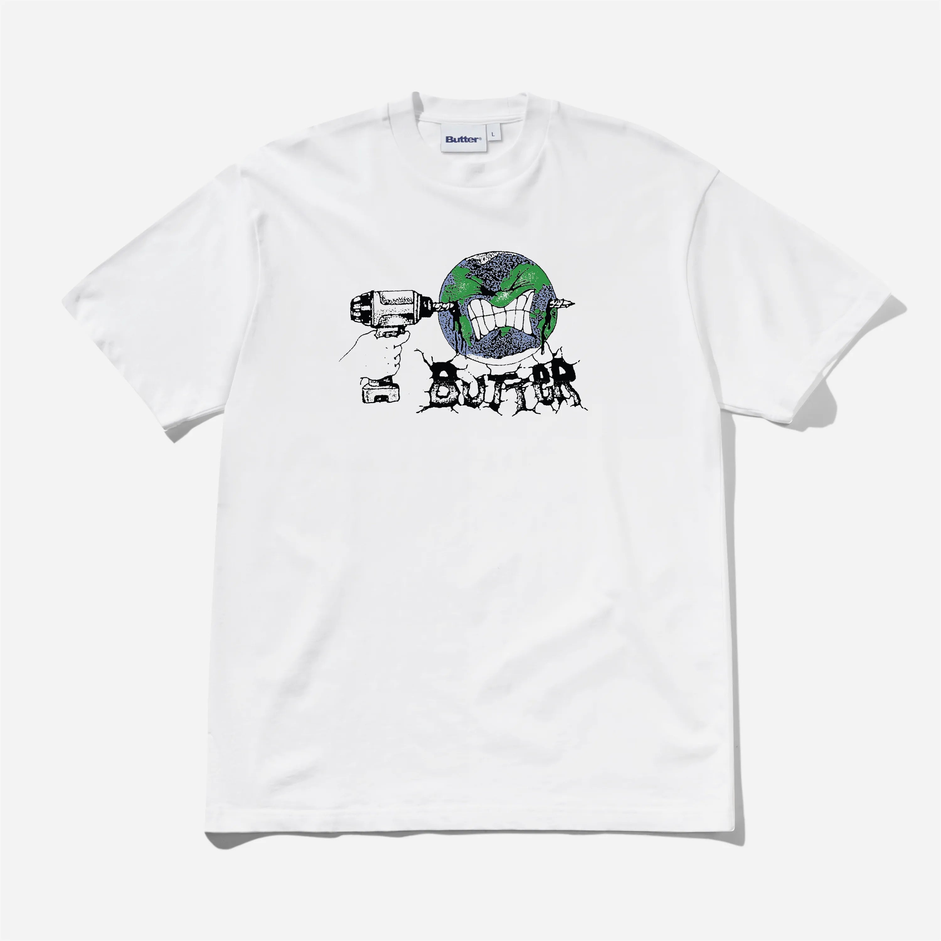 White Butter Goods Drill Tee short sleeve heavyweight cotton t-shirt featuring a large chest illustration.