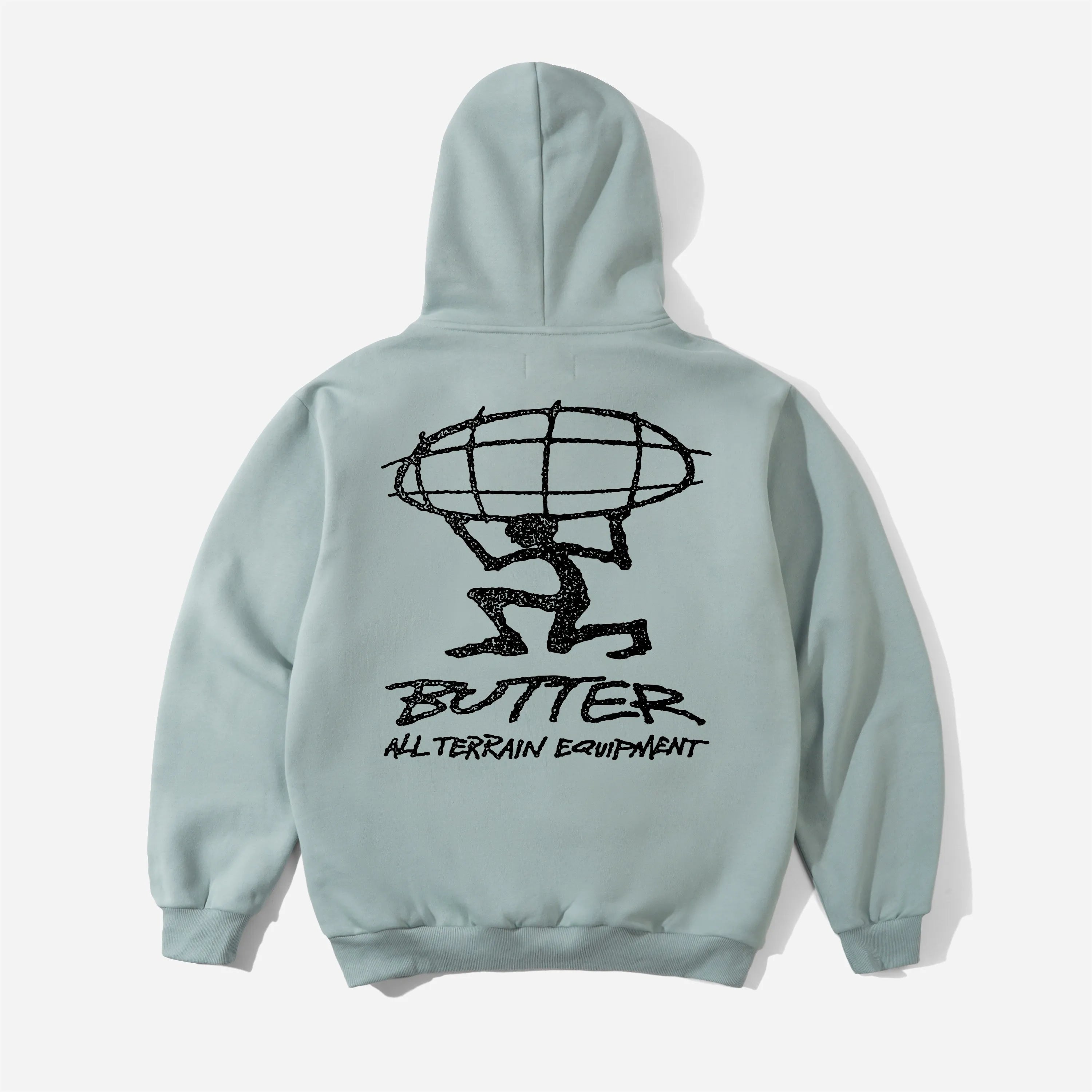 Dos du hoodie Butter Goods Dolphin montrant la grande sérigraphie noire d'un personnage portant un globe et la mention All Terrain Equipment.
