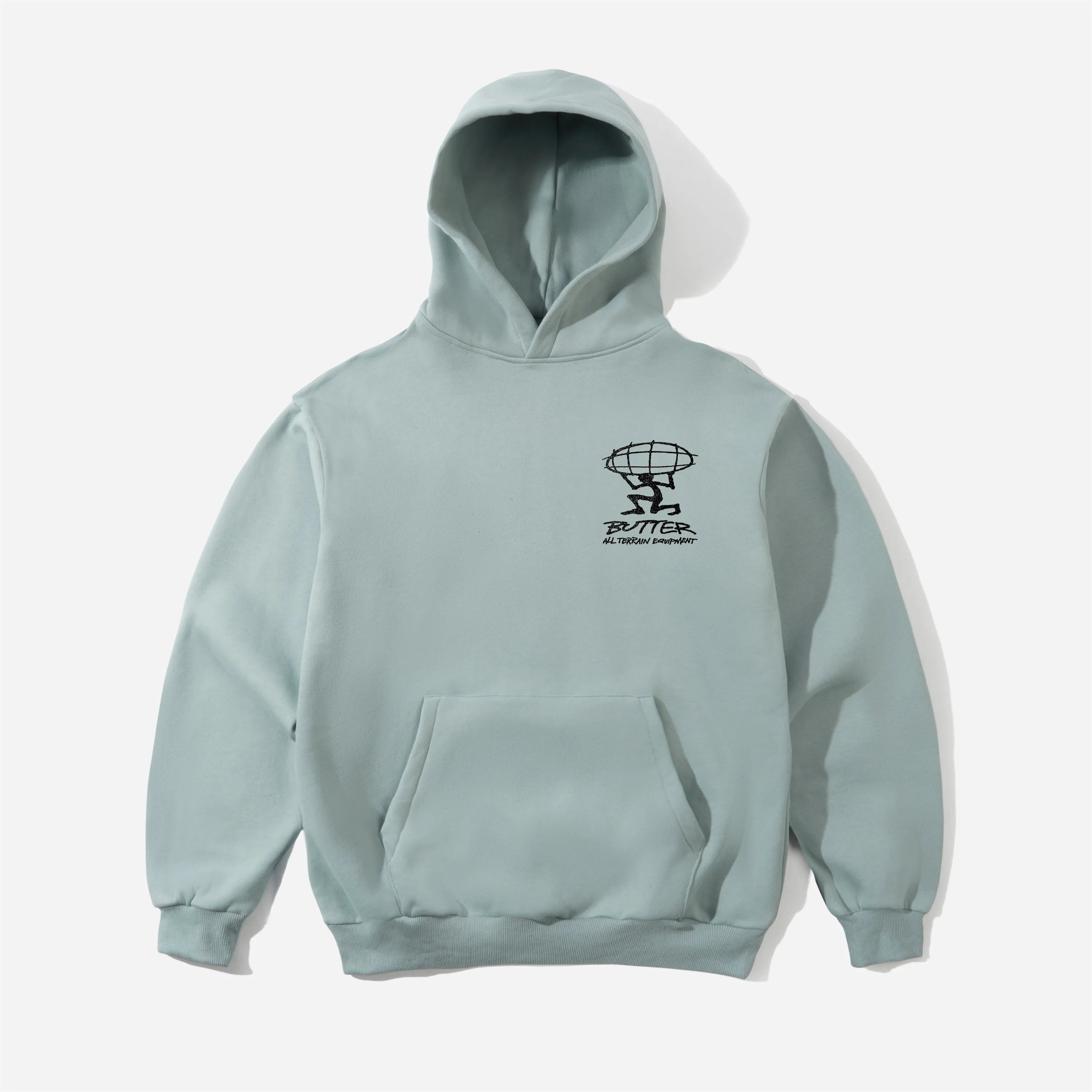Sweat à capuche Butter Goods Terrain Pullover Hood gris-bleu Dolphin en polaire lourde avec petite sérigraphie poitrine.