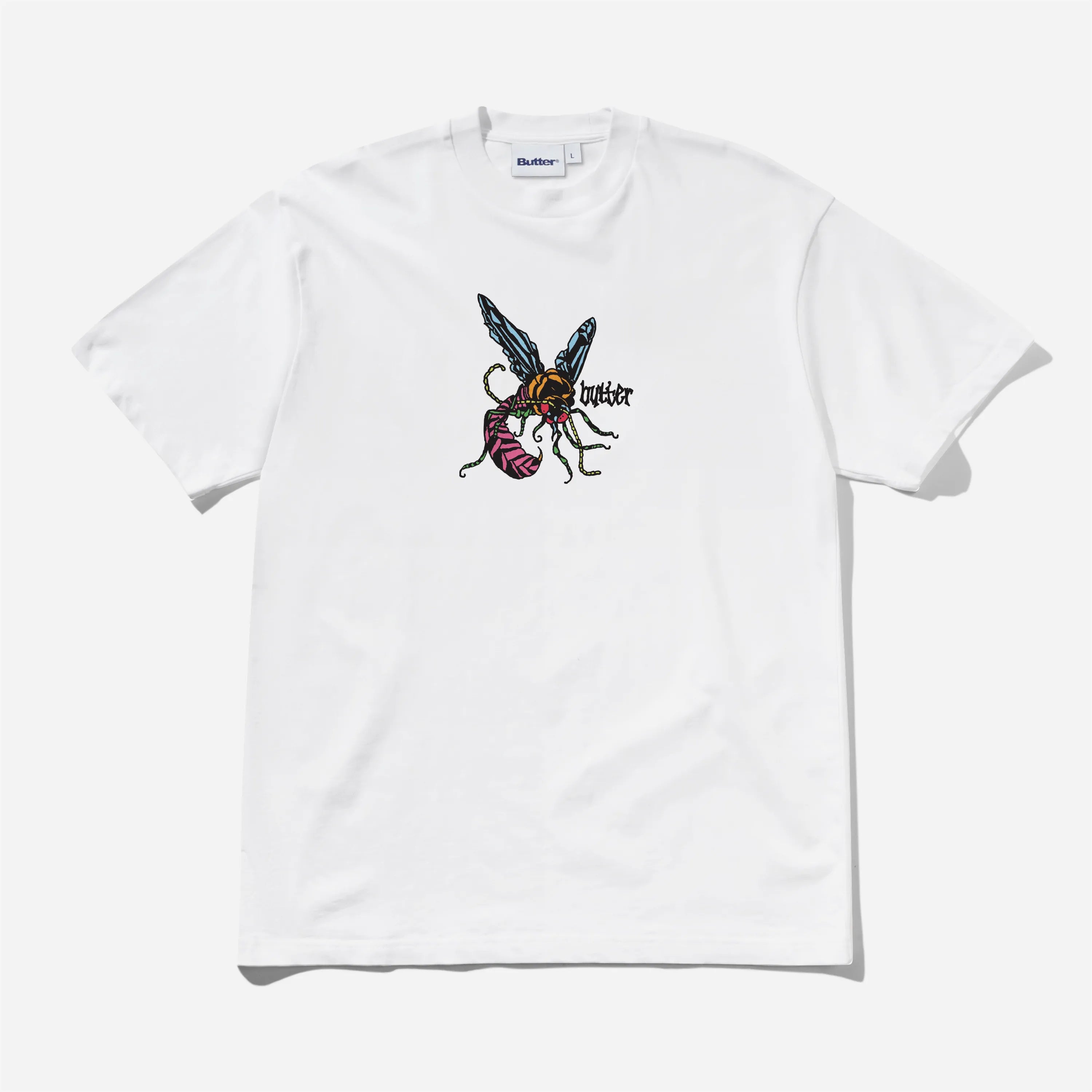 White Butter Goods Wasp Tee short sleeve heavyweight cotton t-shirt featuring a colorful wasp chest illustration.