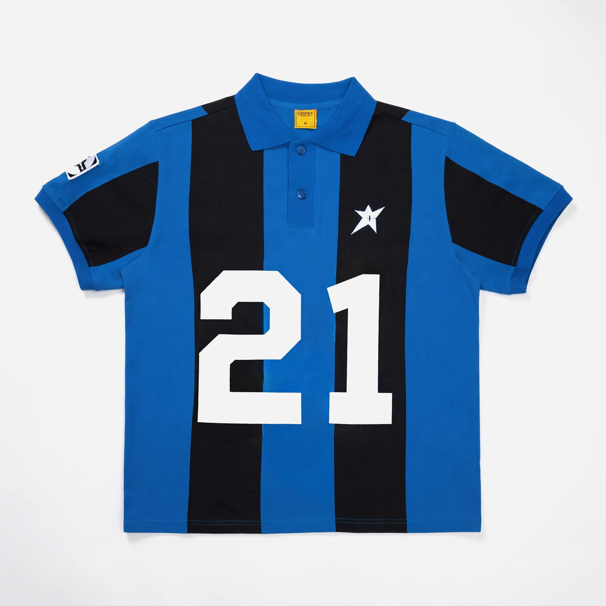Polo rugby rayé bleu et noir Carpet Company C-Star vue de face.