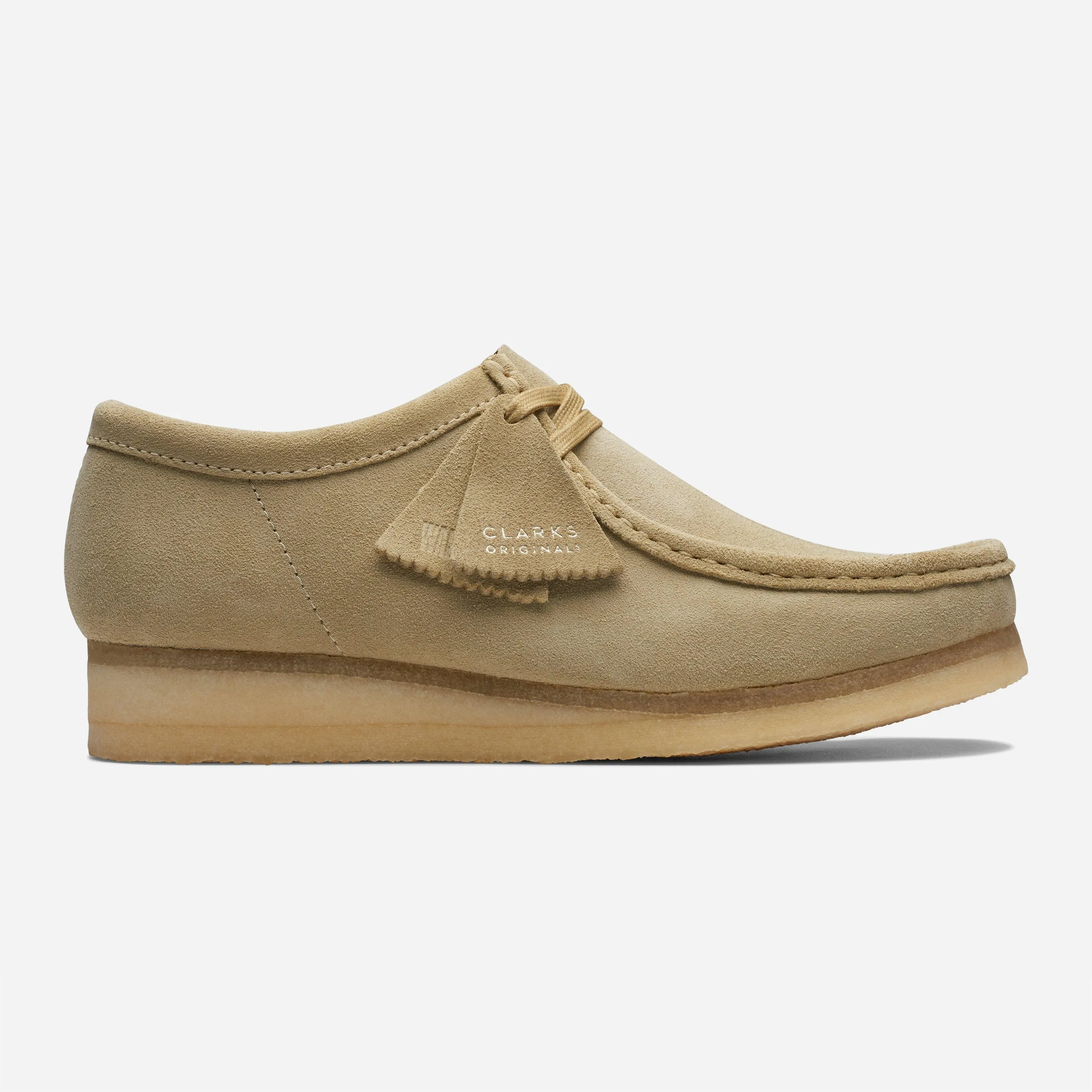 Outer profile of the Clarks Wallabee Maple shoe showcasing the moccasin build, crepe sole, and fobs.