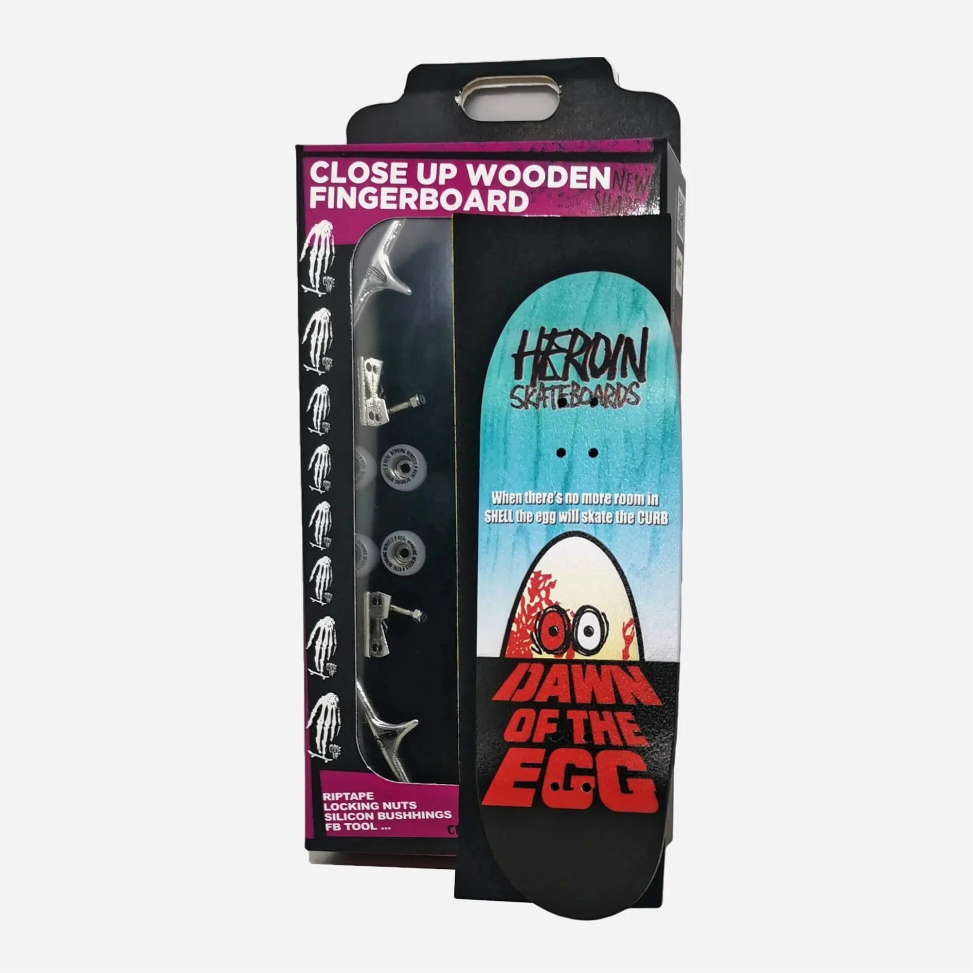 Close Up x Heroin Skateboards complete fingerboard packaging with blue 32mm Dawn of the Egg deck.