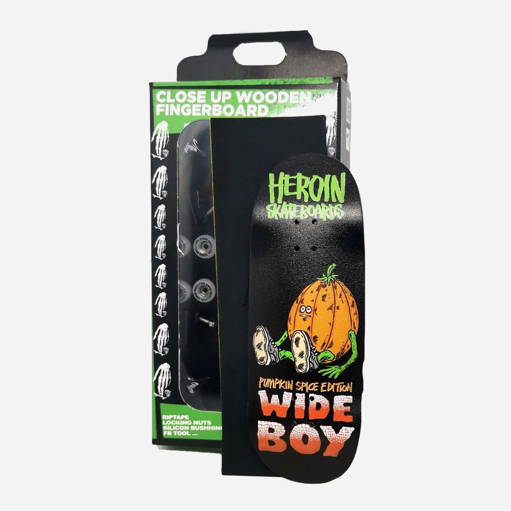 Close Up x Heroin Skateboards complete fingerboard packaging with wide 35mm Pumpkin Spice deck.