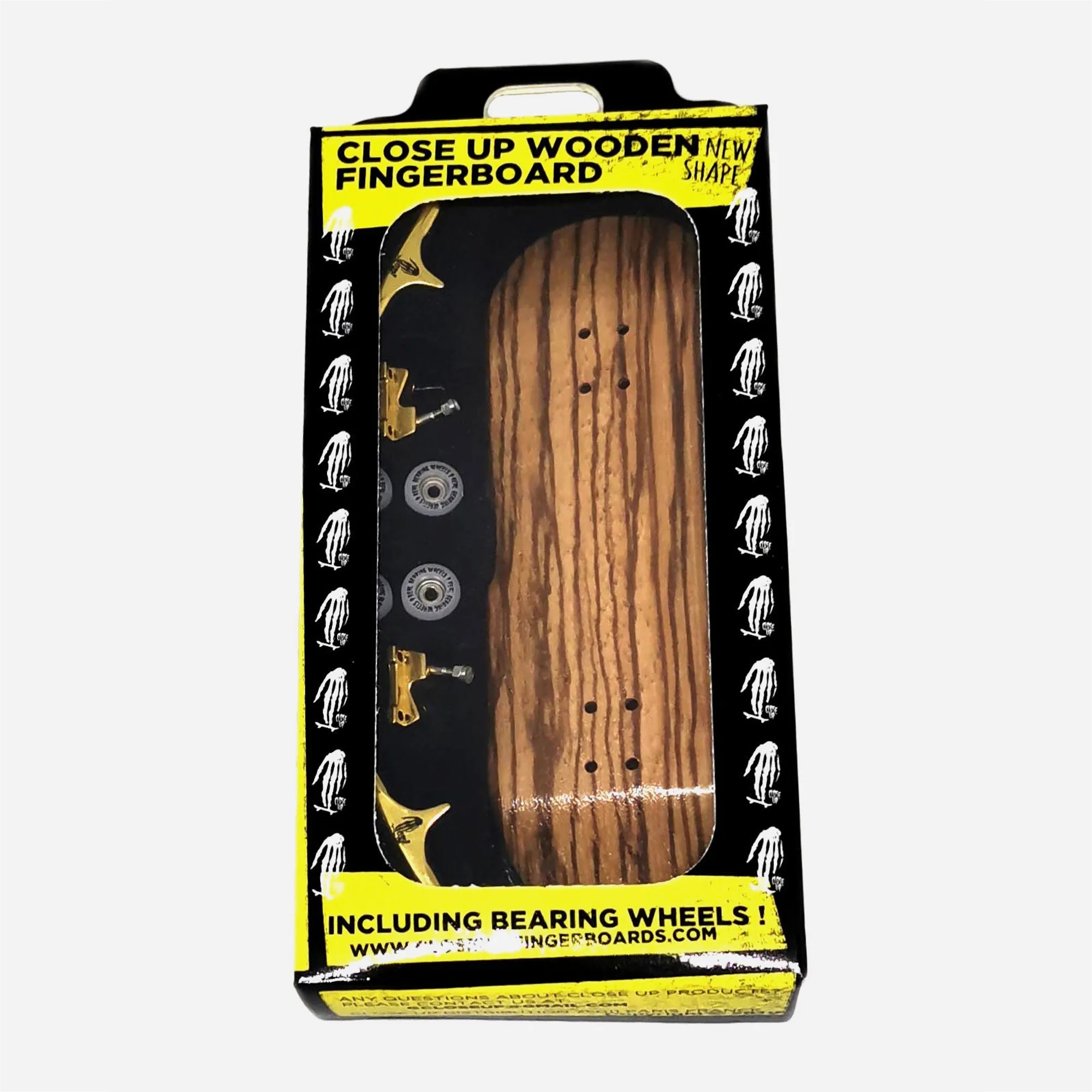 Packaging fingerboard complet Close Up finition bois exotique Zébrano naturel.