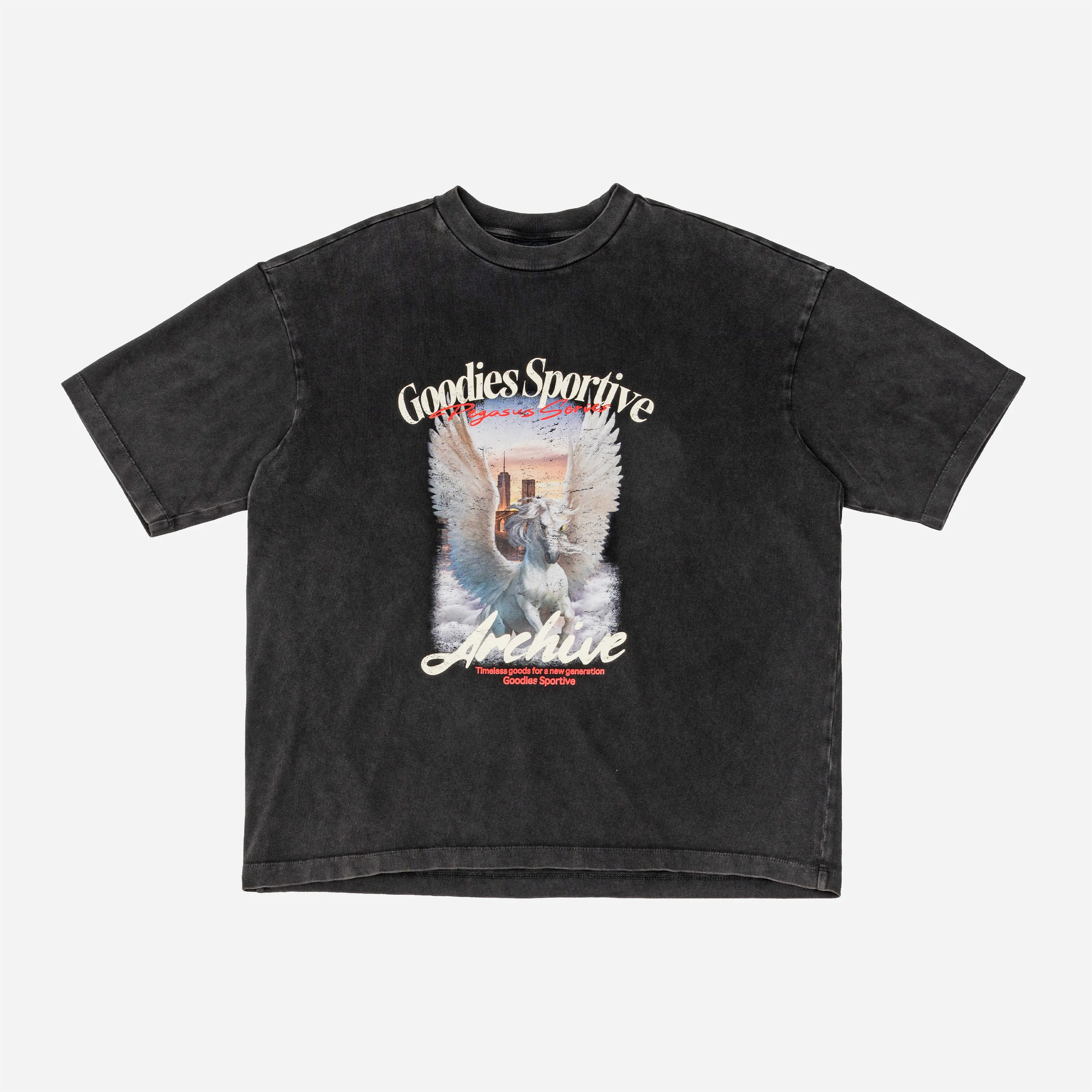 Thick black Goodies Sportive T-shirt with vintage Pegasus print and distressed effect.