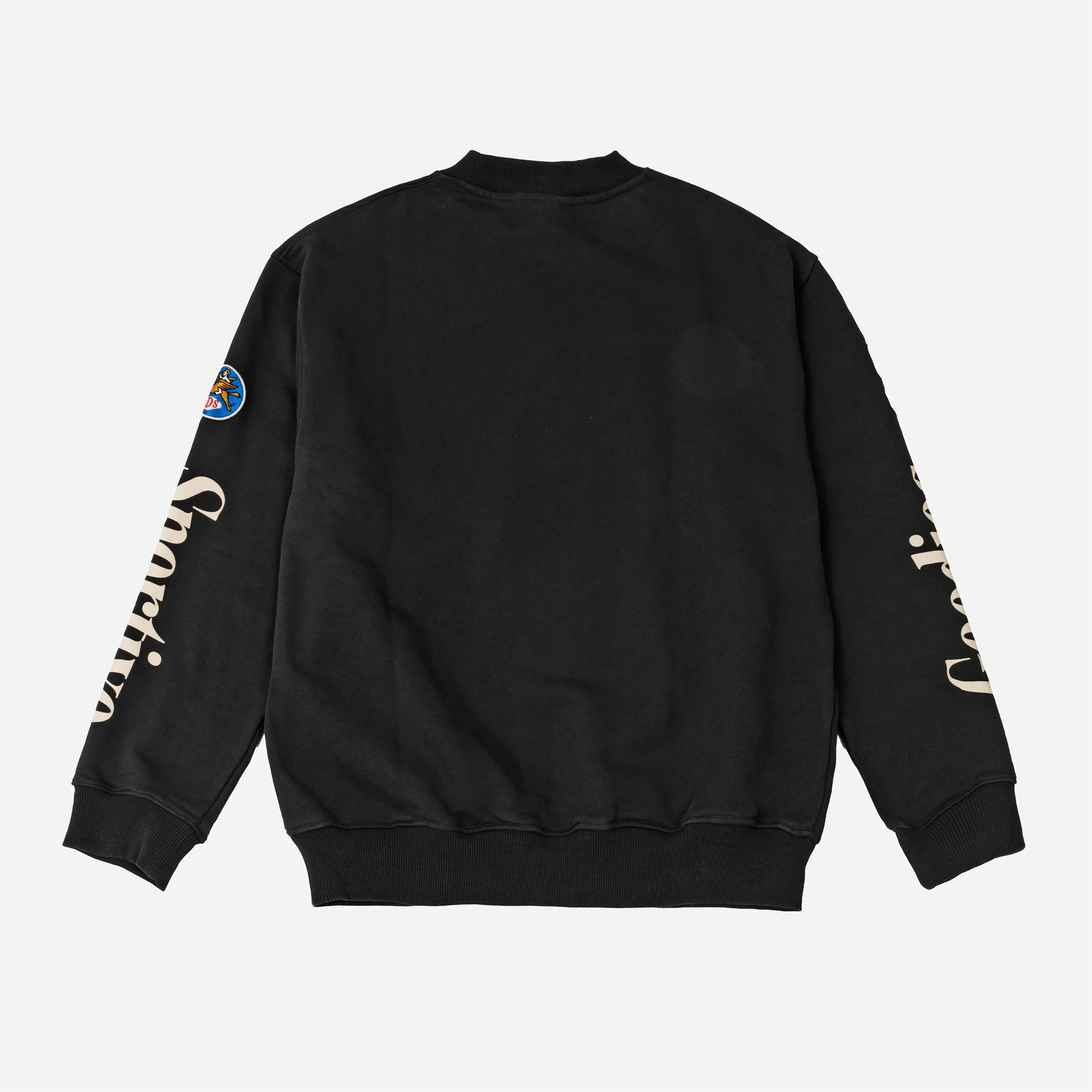 Back view of black sweatshirt showing logo prints on both sleeves.