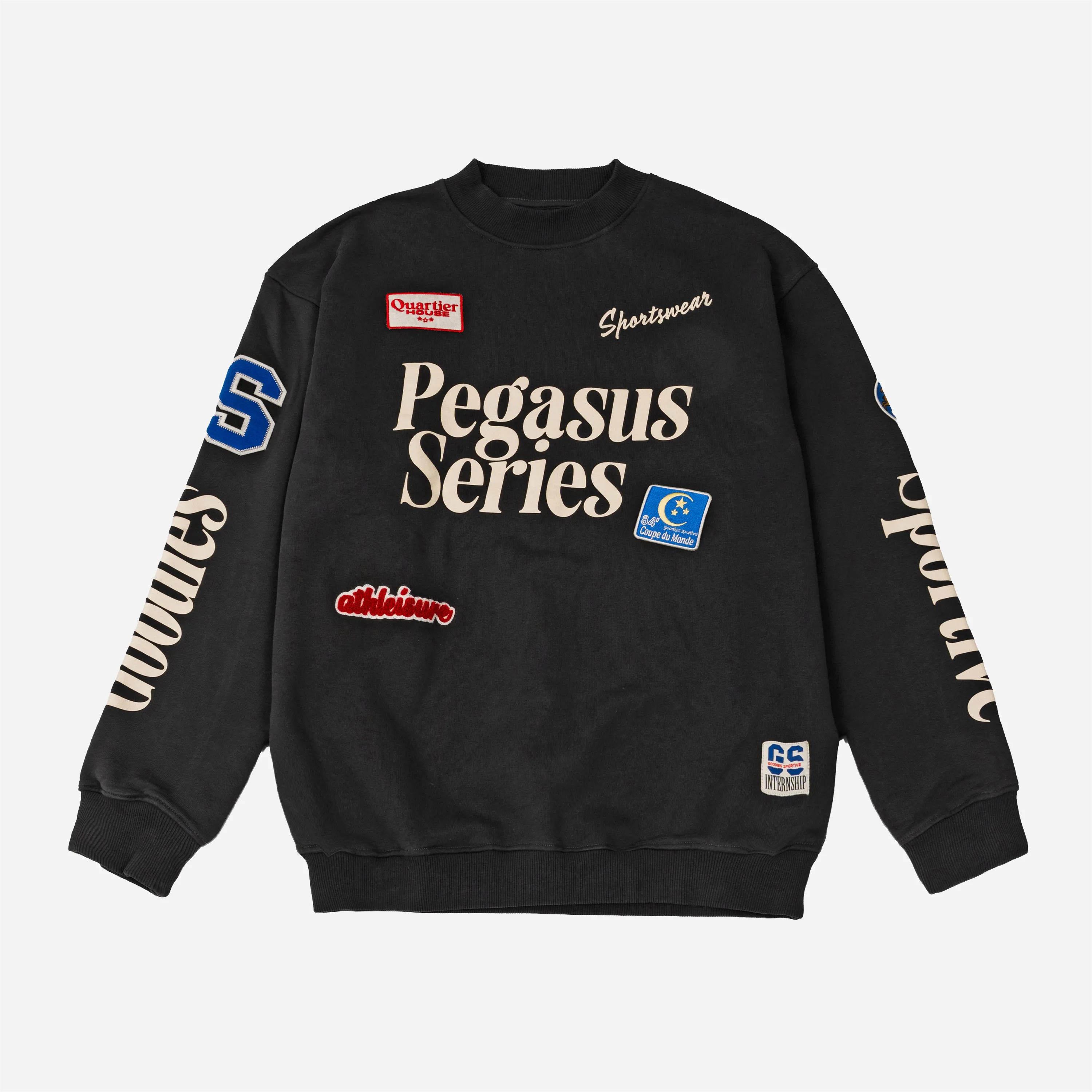 Black Goodies Sportive sweatshirt with multiple vintage patches and Pegasus Series logo.