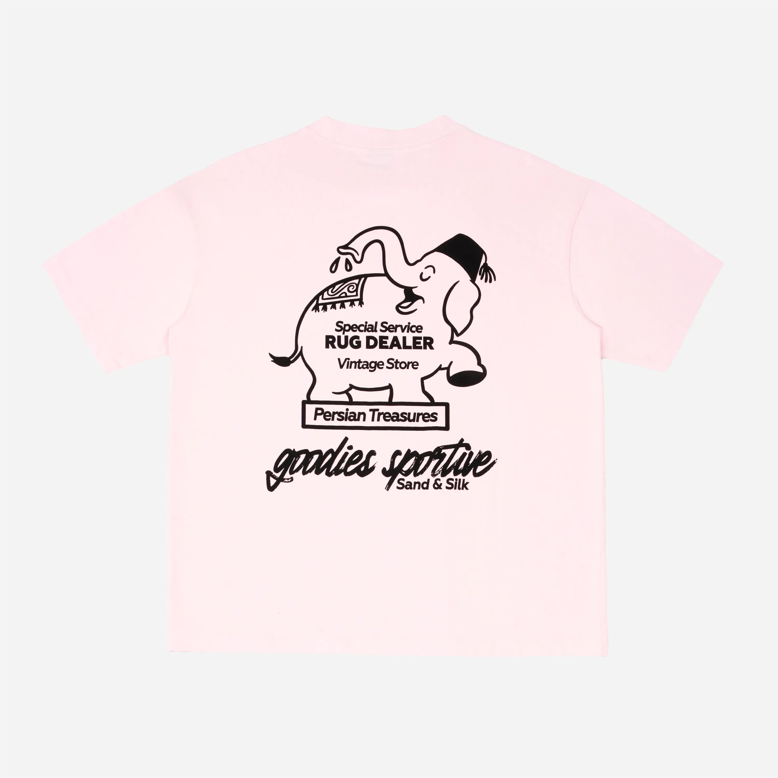 Graphisme dos t-shirt : éléphant avec tapis persan et texte Rug Dealer Vintage Store.