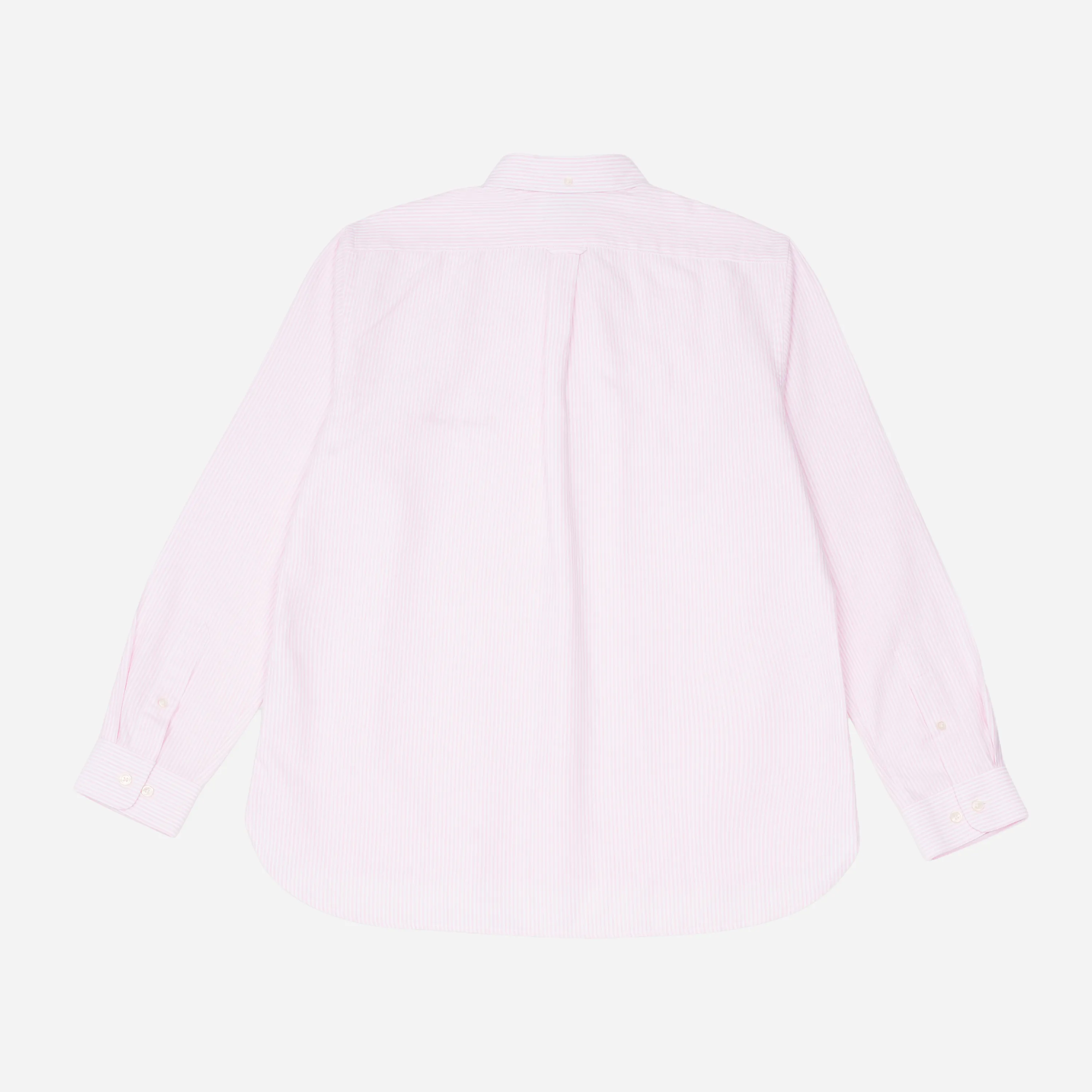 Back view of pink Oxford shirt showing the central ease pleat.