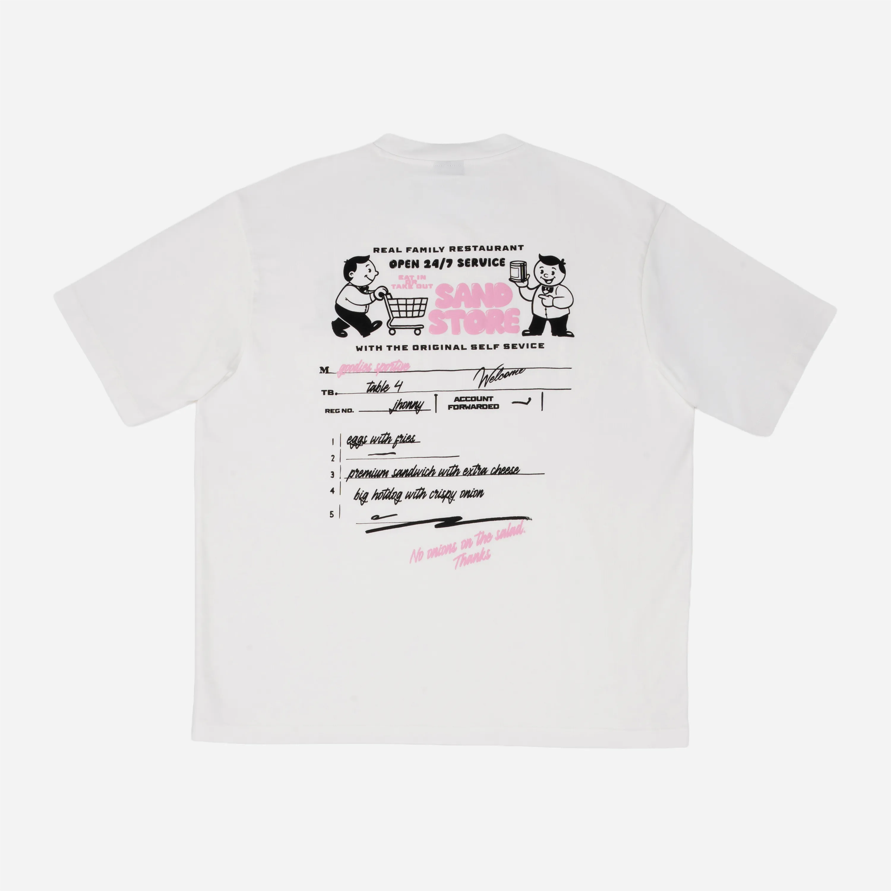 Graphisme dos t-shirt : Menu Sand Store avec œufs frites et hotdog style cartoon.