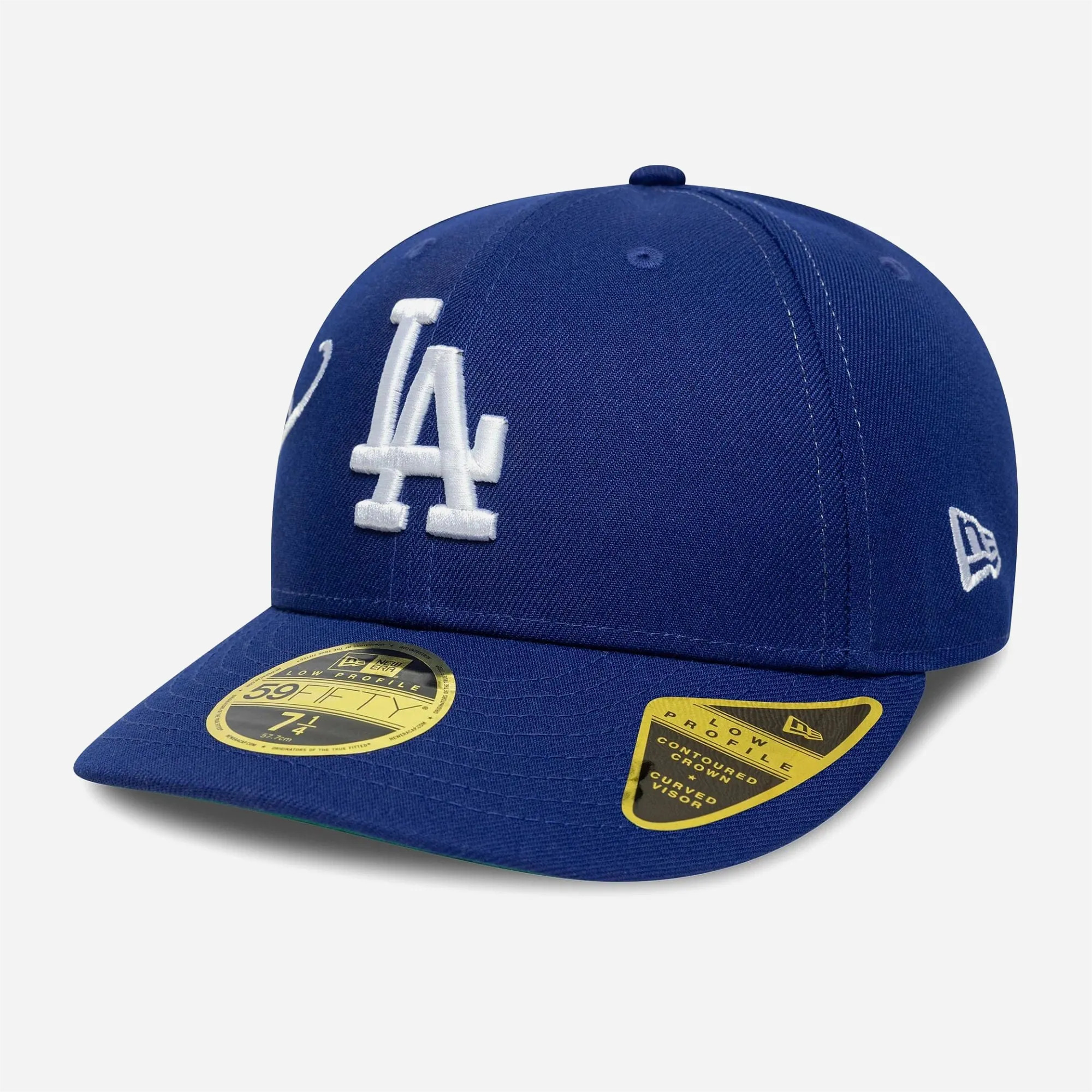 Casquette New Era 59FIFTY Low Profile Dodgers bleue avec broderie latérale blanche.