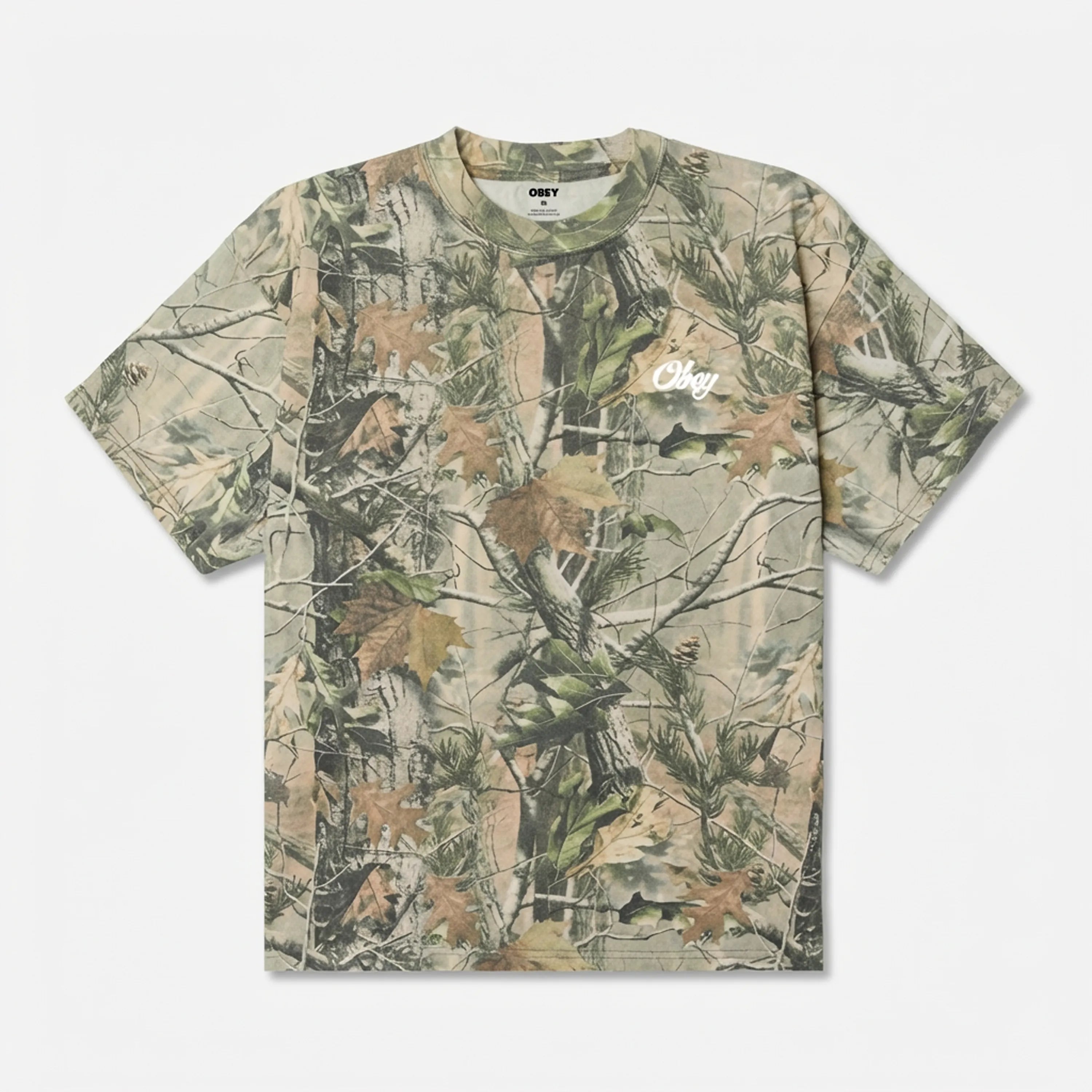 T-shirt manches courtes Obey Airbrushed Rose Tee avec motif camouflage forestier Leaf Camo et petit logo blanc.