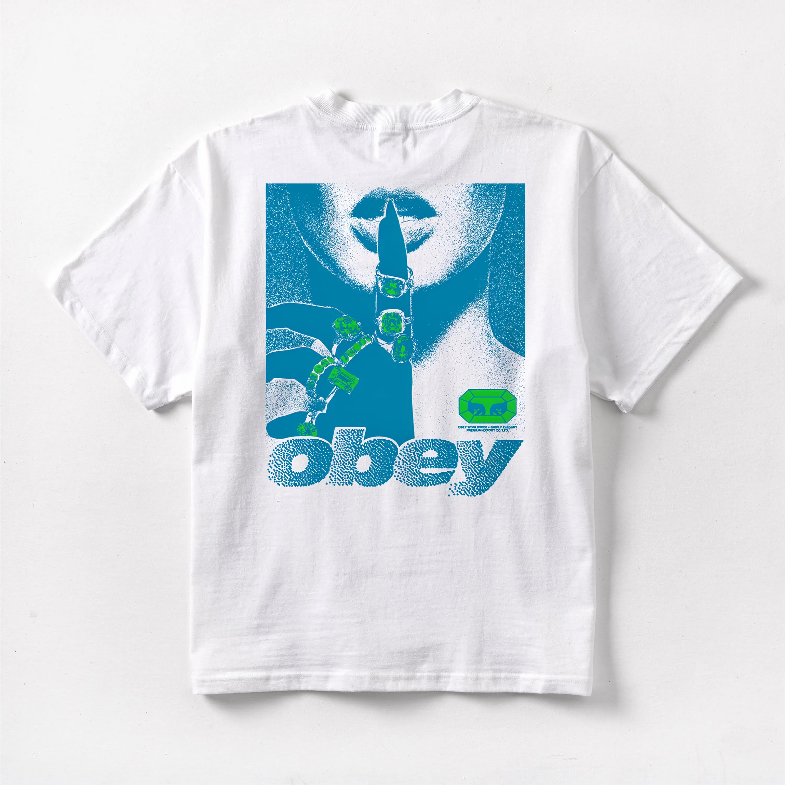 Back of the white heavy cotton Obey t-shirt showcasing the large blue halftone illustration with green details.