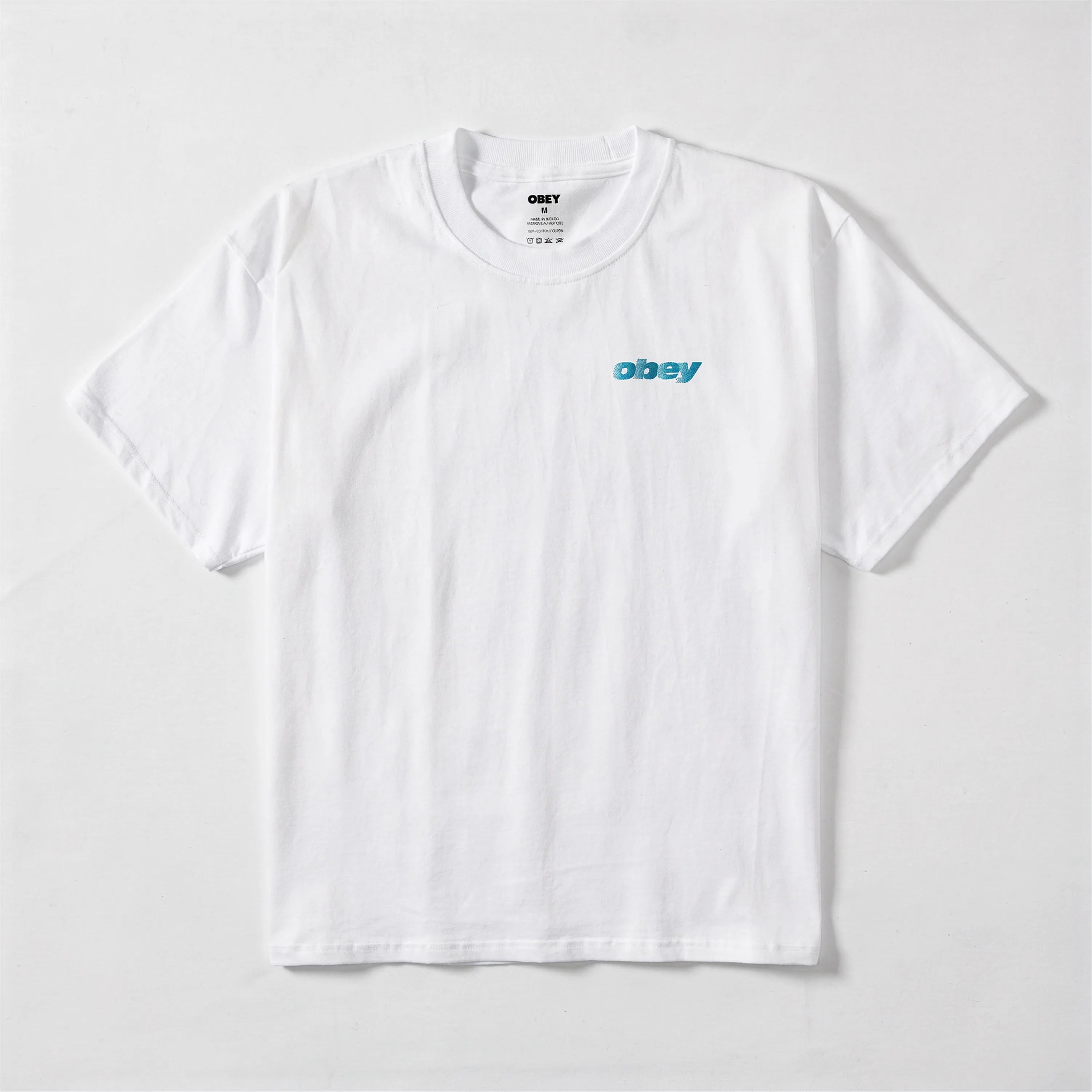 White Obey Exports Tee short sleeve box t-shirt featuring a small blue chest logo.