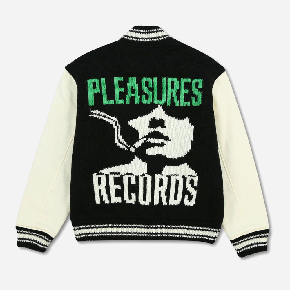 PLEASURES - SMOKE KNITTED VARSITY JACKET - BLACK