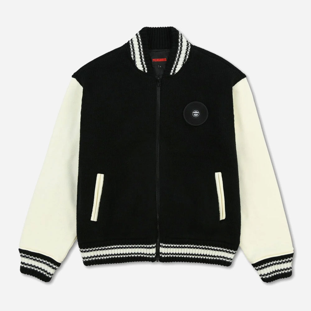 PLEASURES - SMOKE KNITTED VARSITY JACKET - BLACK