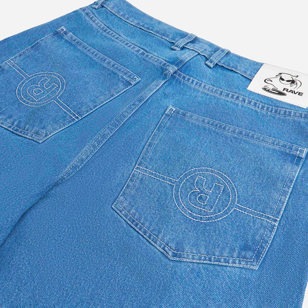 RAVE SKATEBOARDS - TRES GROS DENIM SHORT- Blue Rinse White Stitches