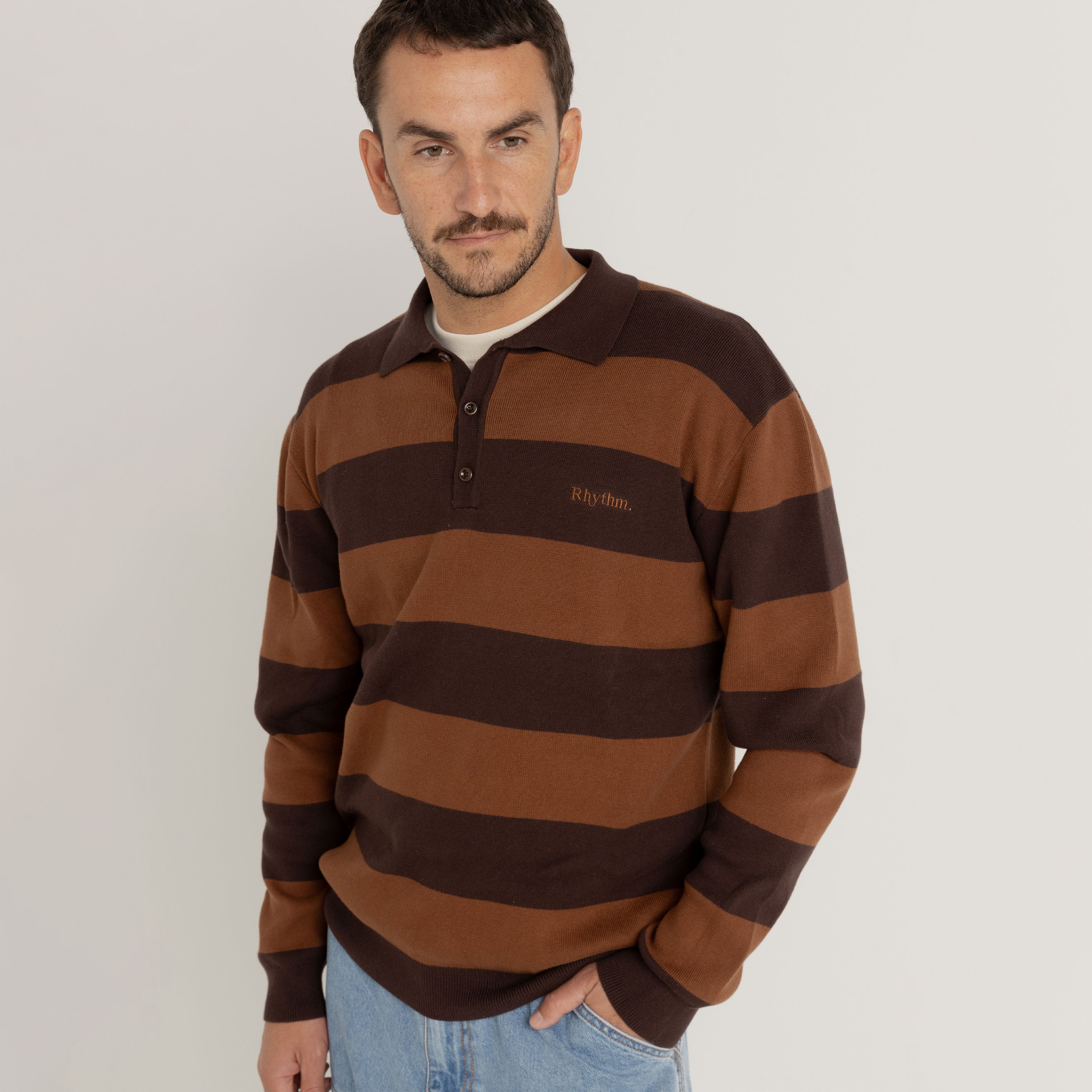 Rhythm - Ventura Stripe Knit LS Polo - Cafe