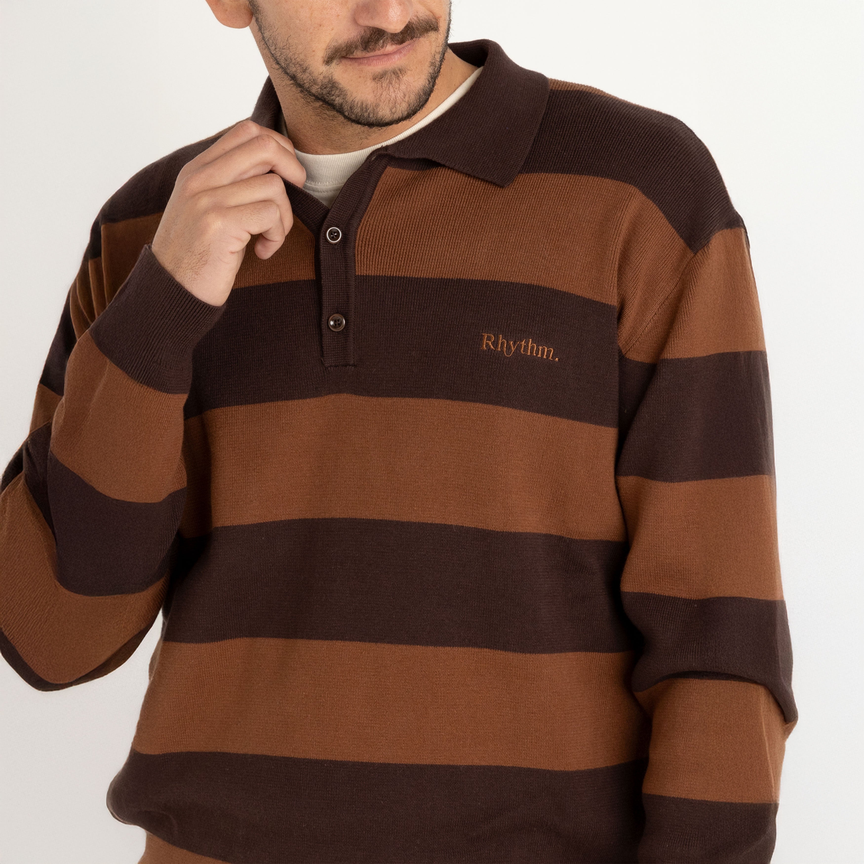 Rhythm - Ventura Stripe Knit LS Polo - Cafe