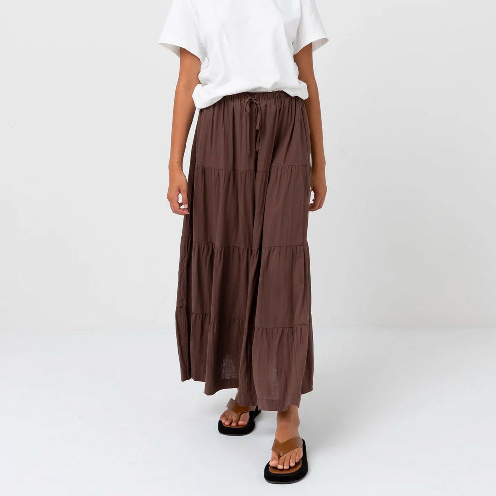 RHYTHM - CLASSIC TIERED MAXI SKIRT - Chocolate