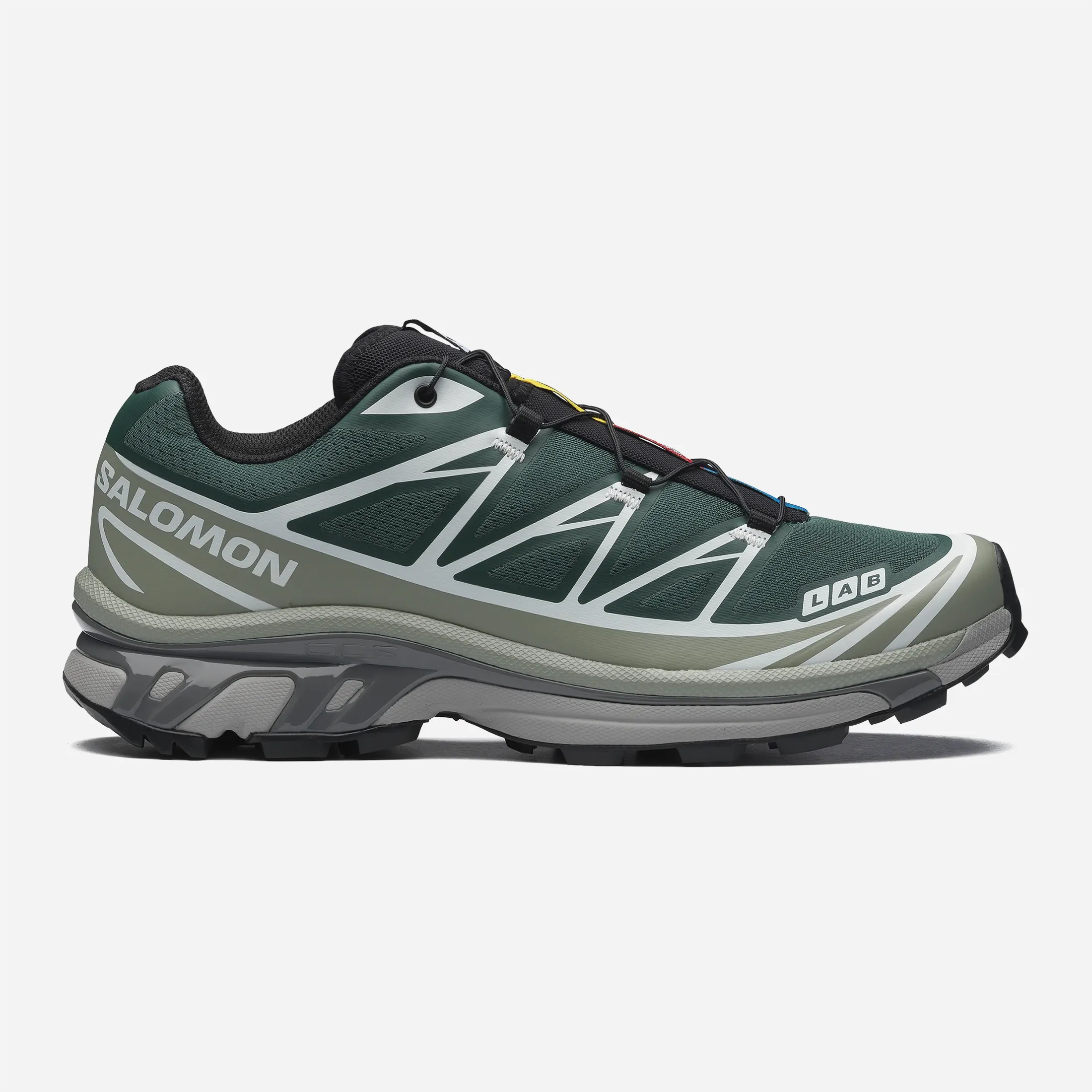 Side view of the Salomon XT-6 showing the Agile Chassis system and breathable mesh.