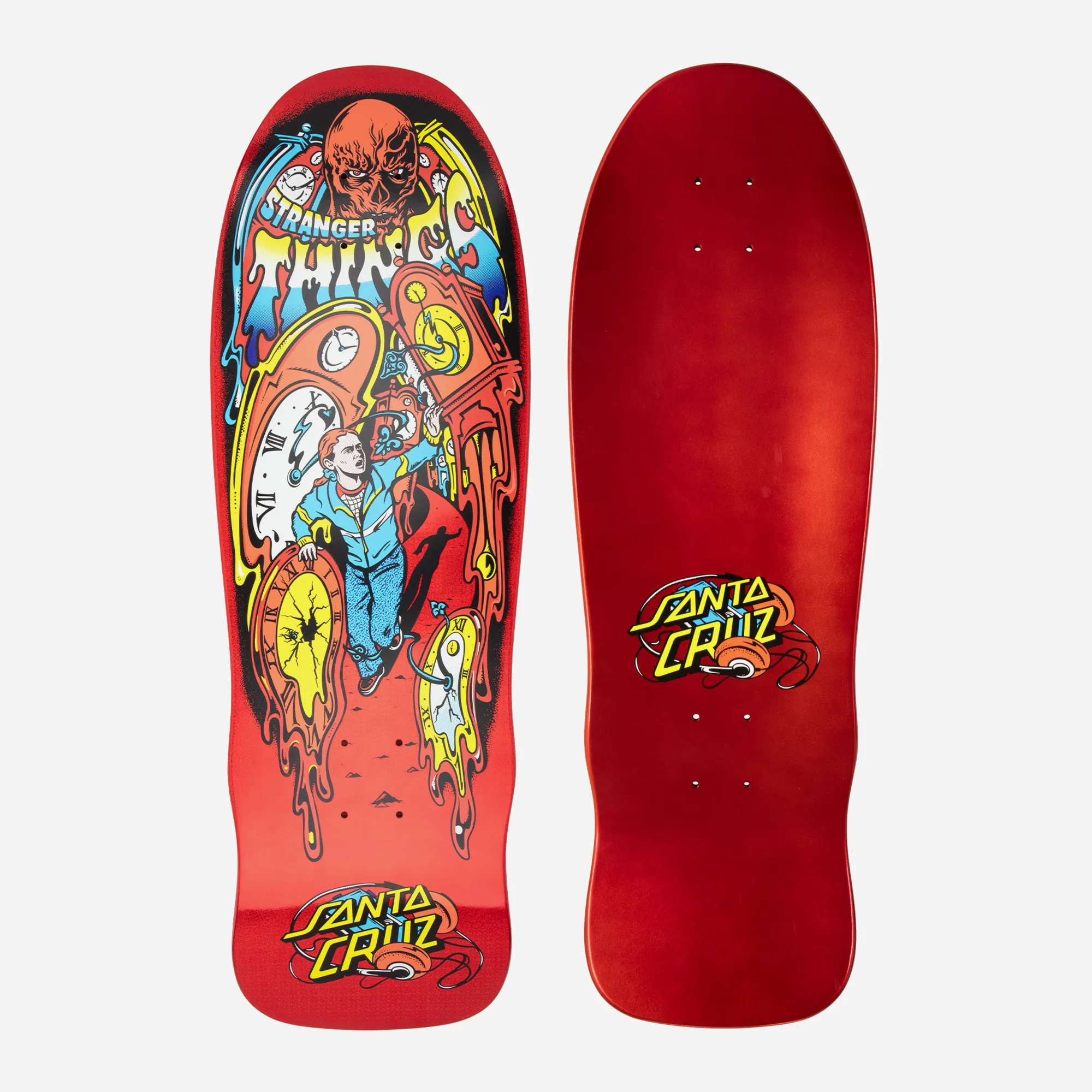 Plateau skate Santa Cruz rouge shape Grabke avec dessin Max et horloges fondantes.