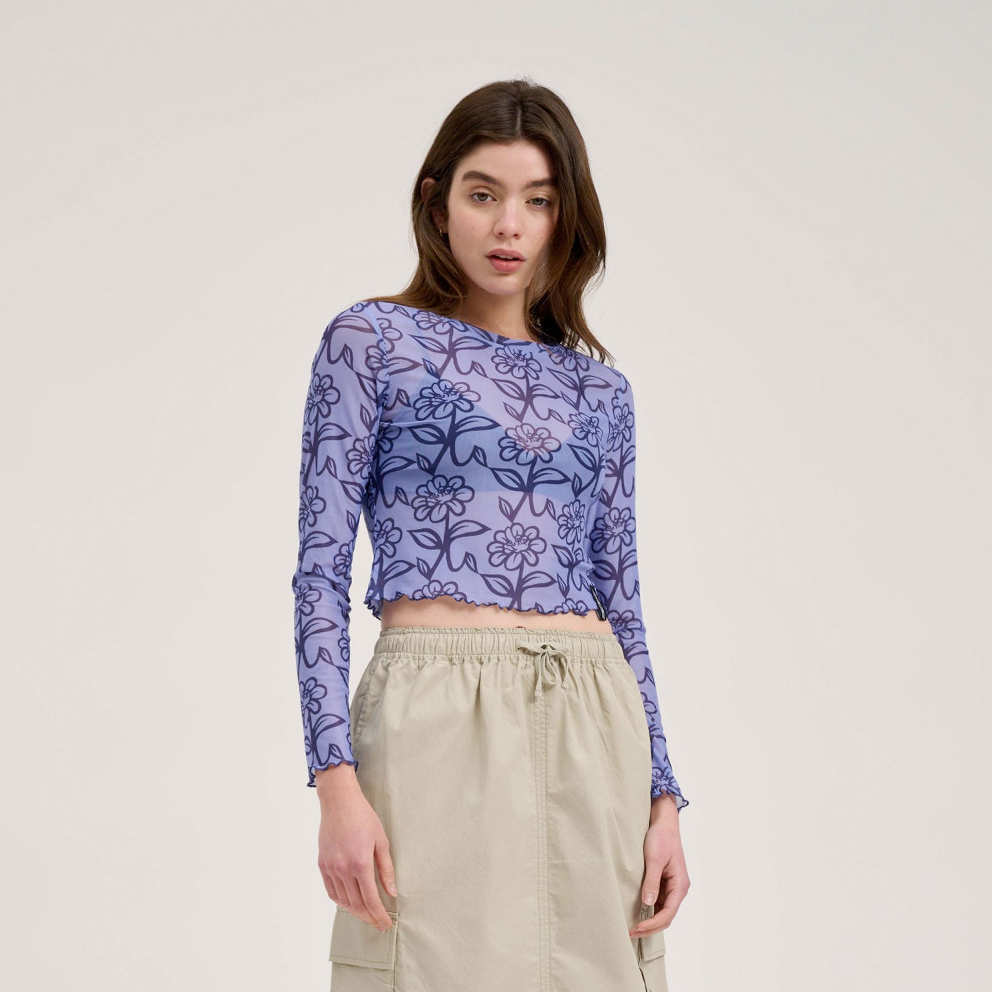 Santa Cruz - Delfino Flower Mesh Crop LS Top - Blue / Dark Blue