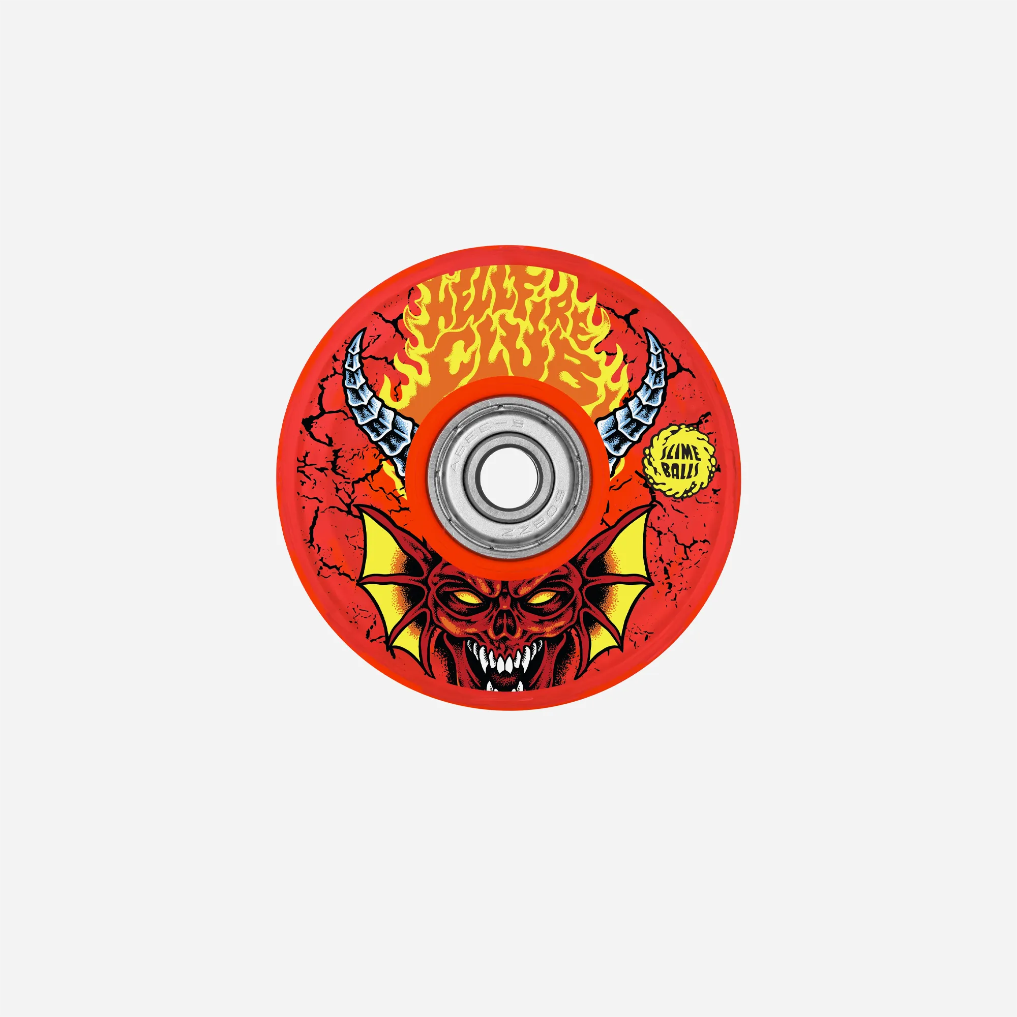 Red Slime Balls skateboard wheel with Hellfire Club Stranger Things demon logo.