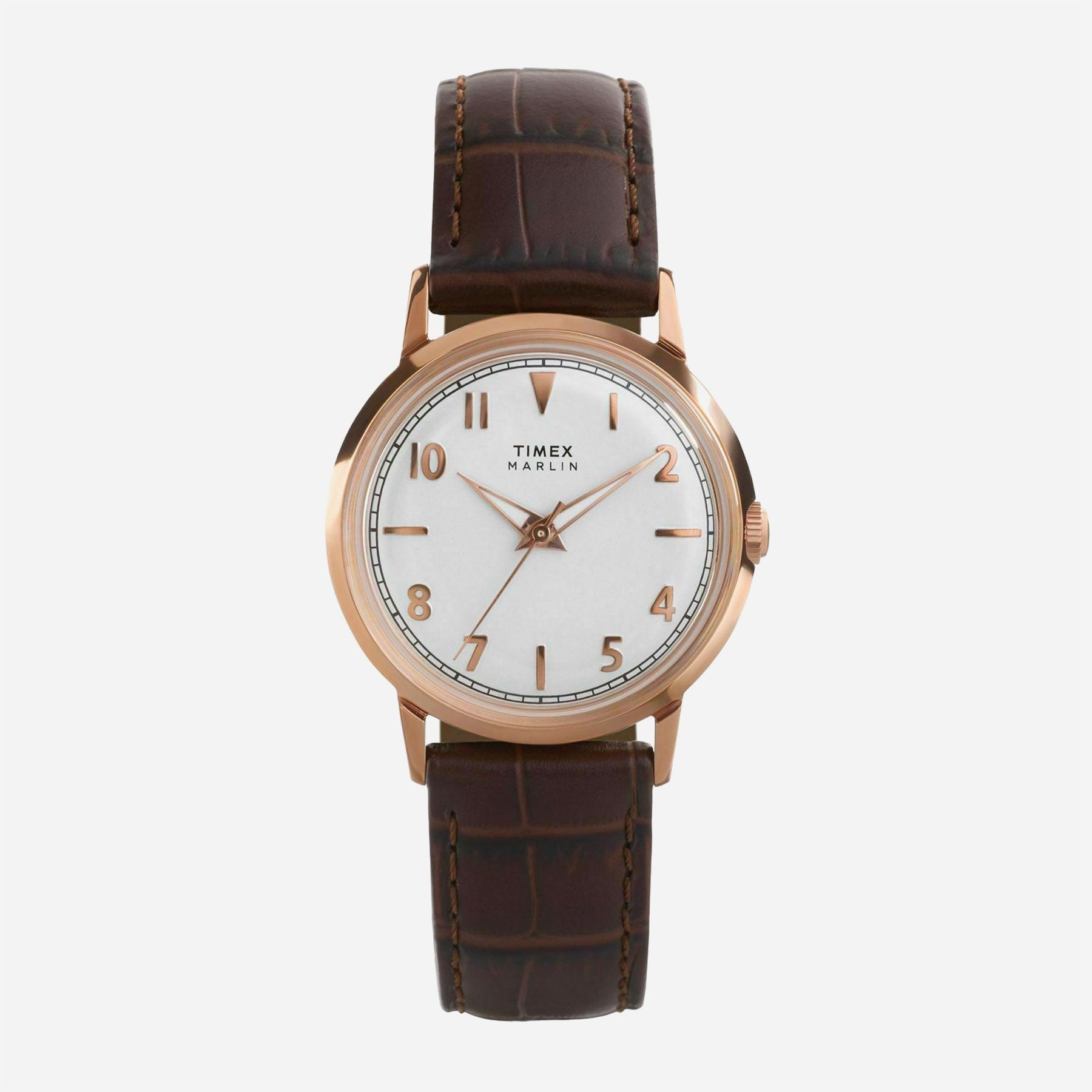 Timex - Marlin Quartz 34mm Leather Strap Watch - Silver White / Brown Croco