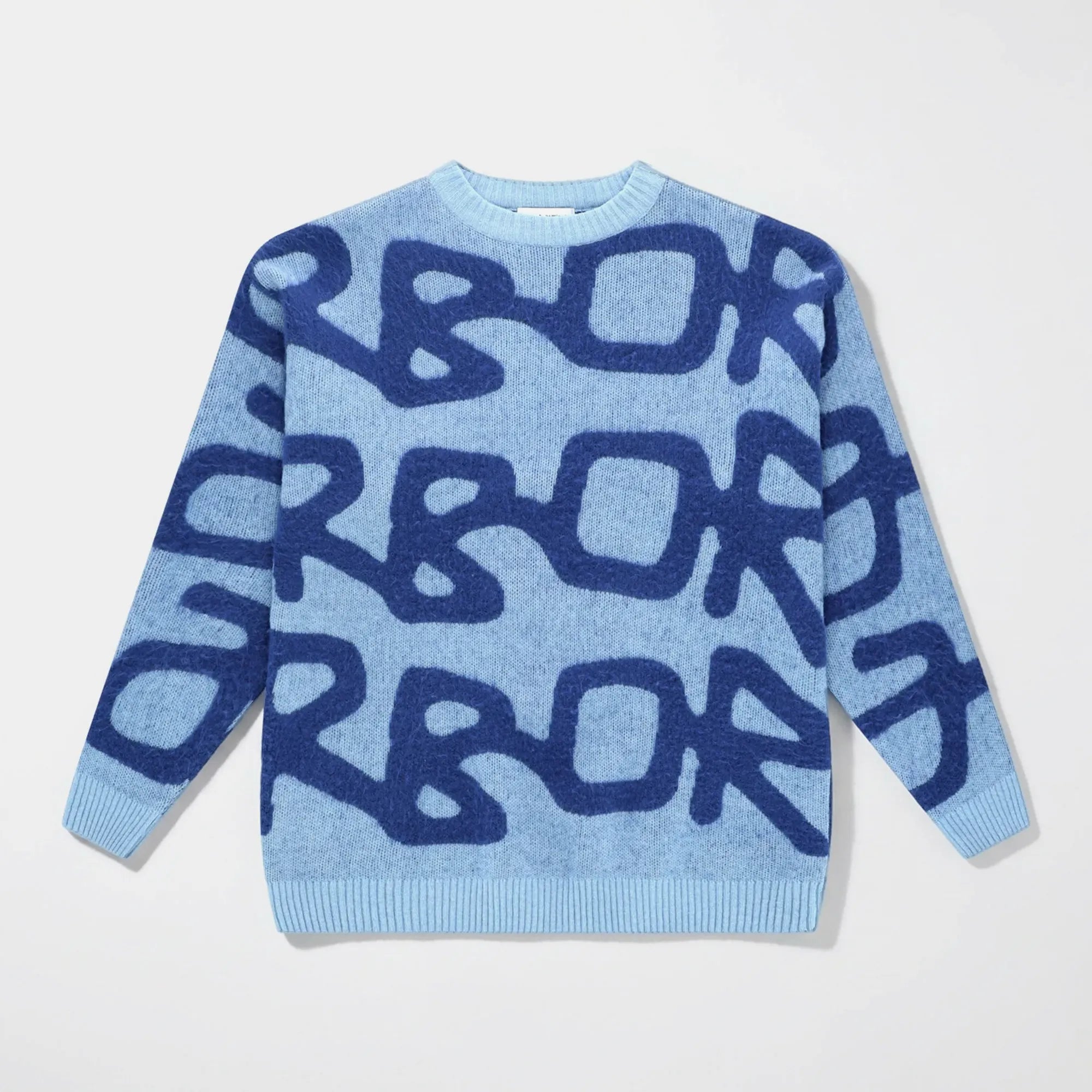Arbor Antwerp blue knit sweater with oversized logo.
