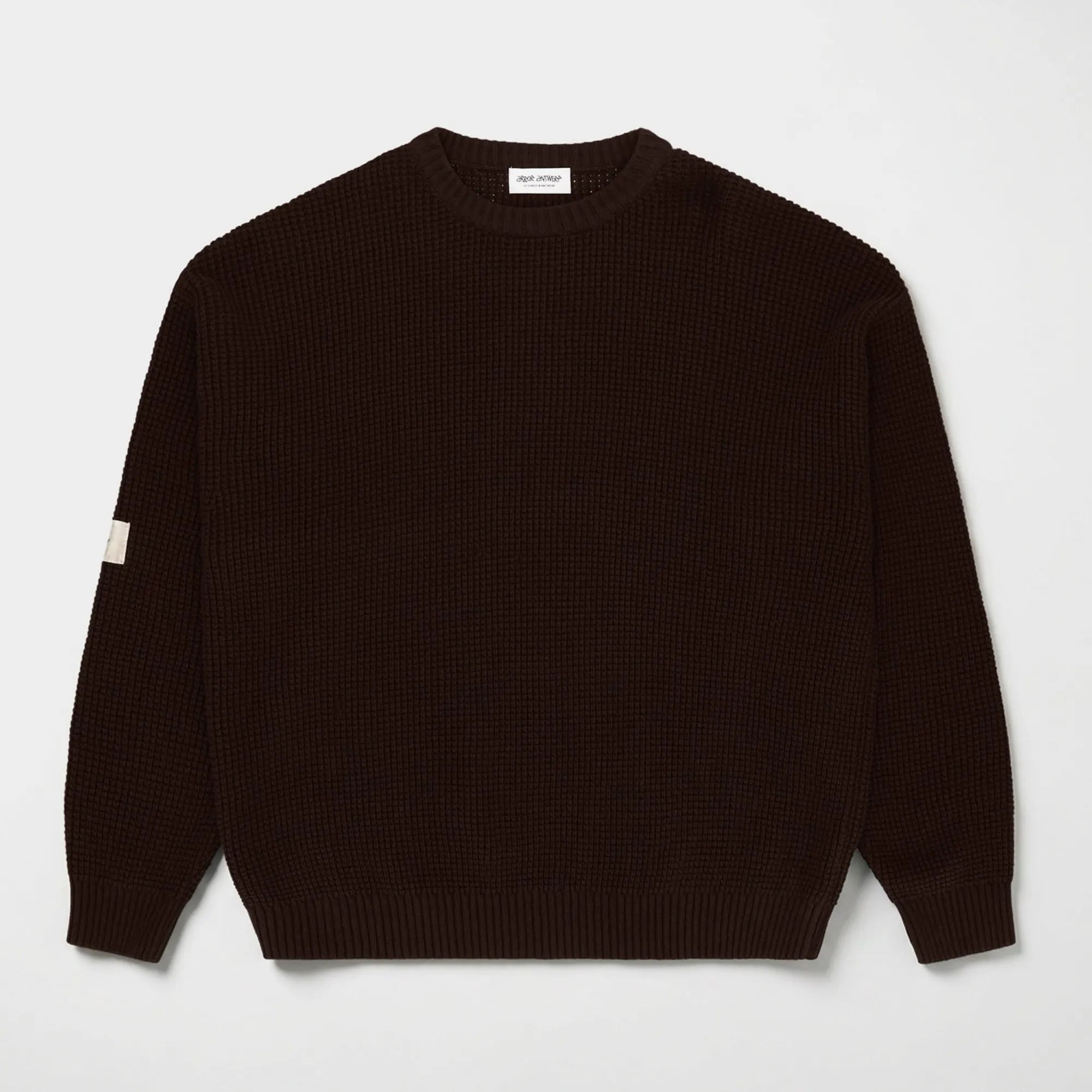 Front view of the brown Arbor Antwerp textured knit sweater.