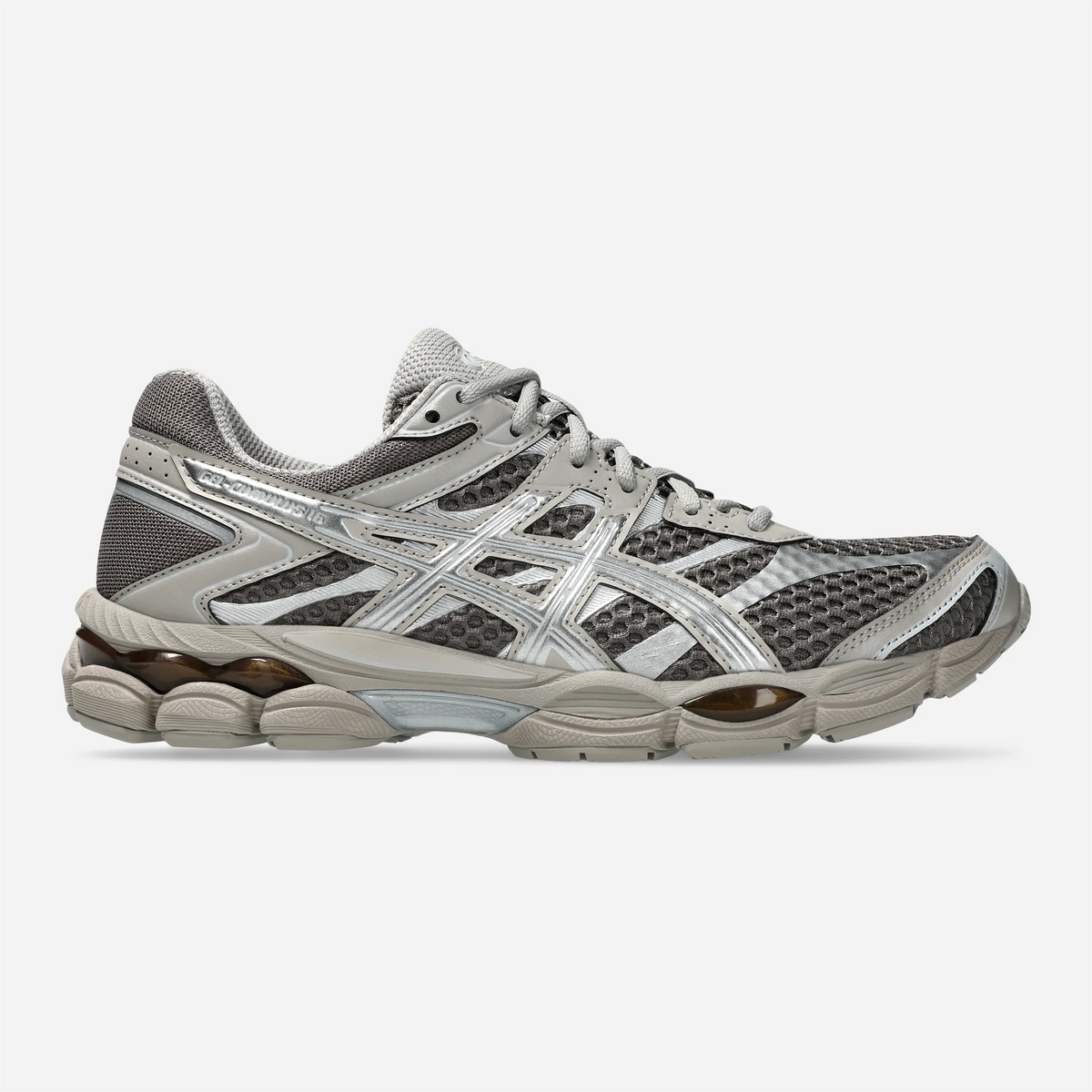 ASICS GEL-Cumulus 16 Cocoa Powder Pure Silver, tige mesh et overlays synthétiques, vue profil