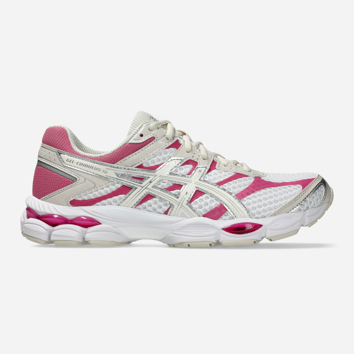 ASICS GEL-Cumulus 16 White Cream, tige mesh blanche et accents magenta, vue profil