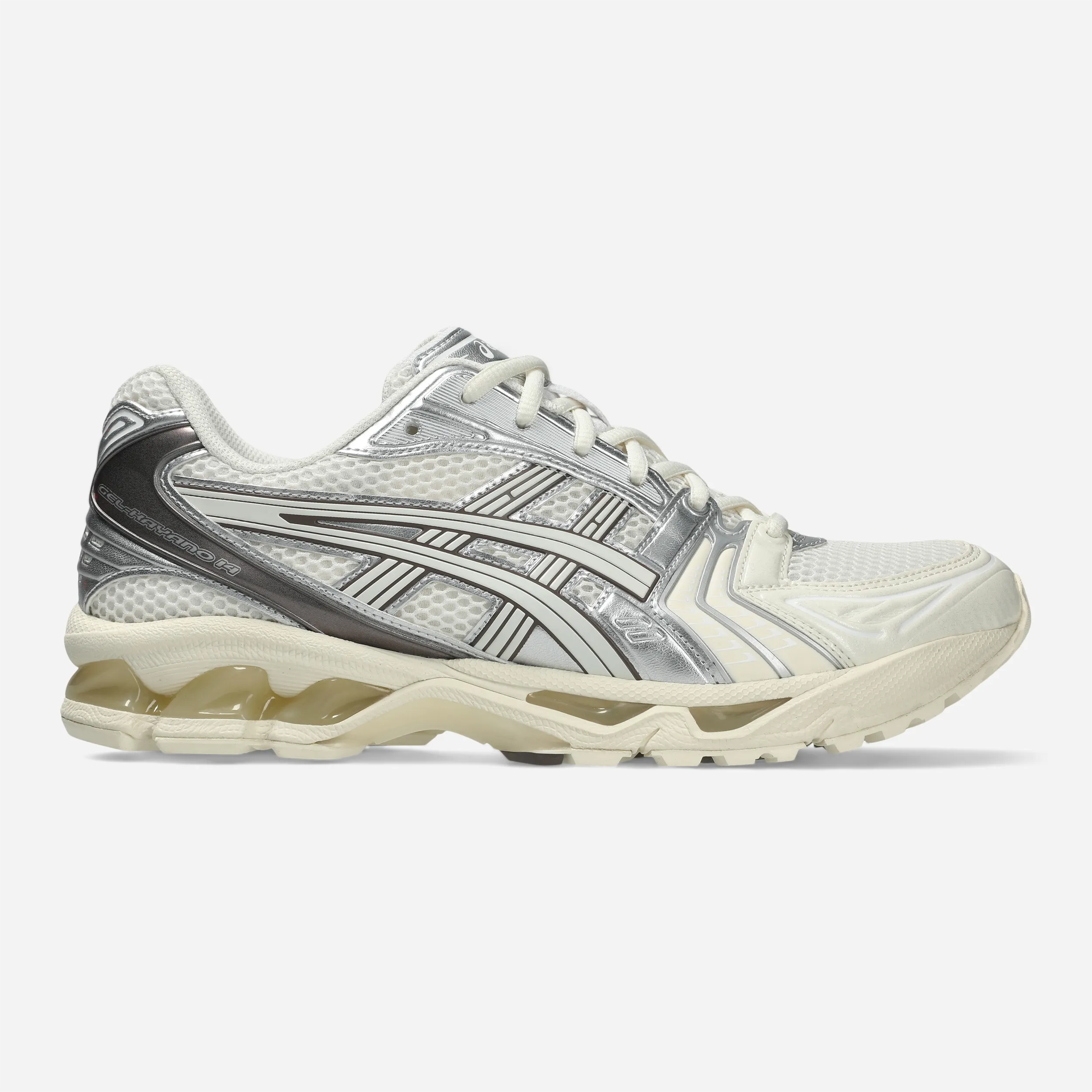 ASICS GEL-Kayano 14 Cream Cocoa Powder, cream mesh upper with silver overlays, side profile