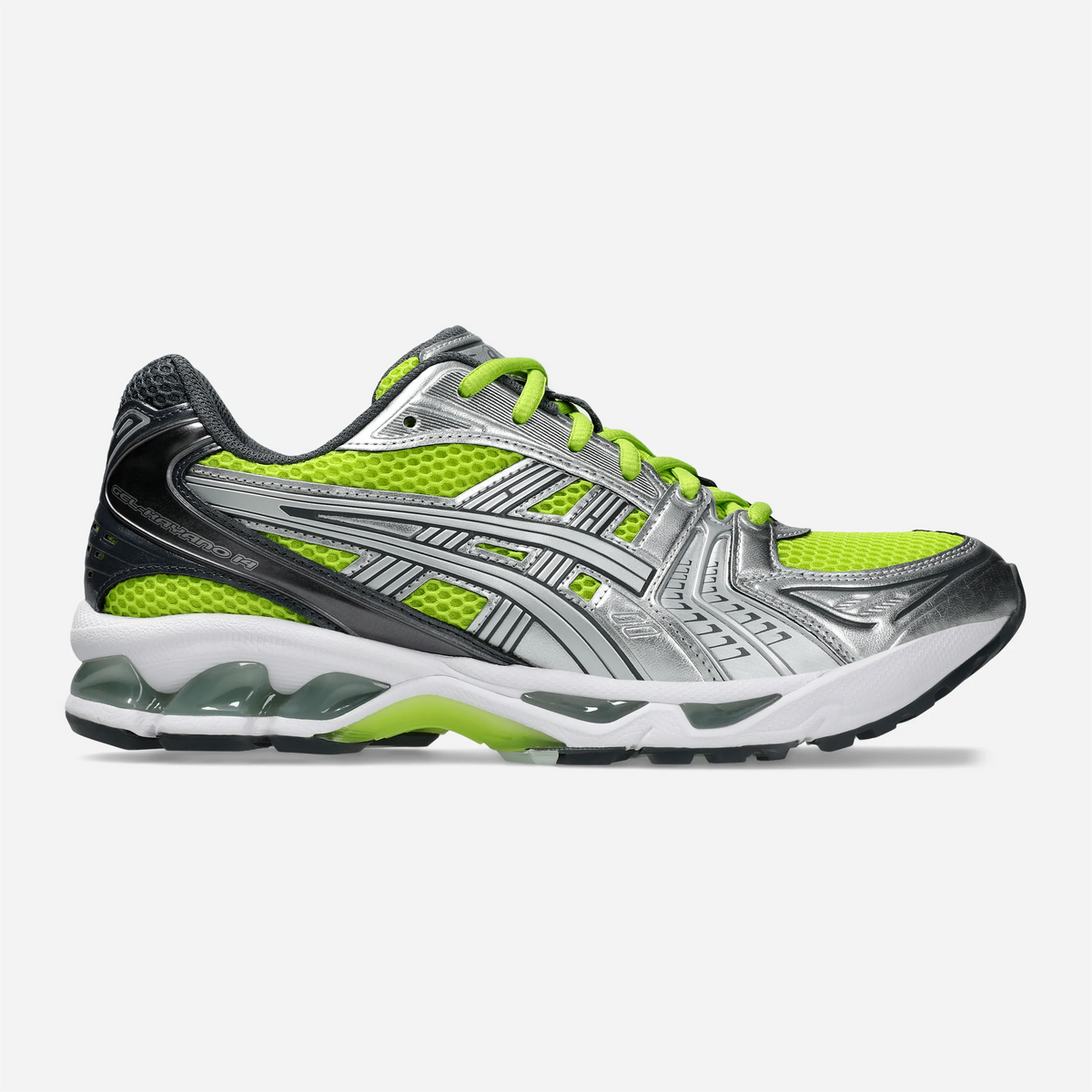 Sneaker ASICS GEL-Kayano 14 Lime Zest Pure Silver, fenêtre GEL visible au talon et mesh vert citron