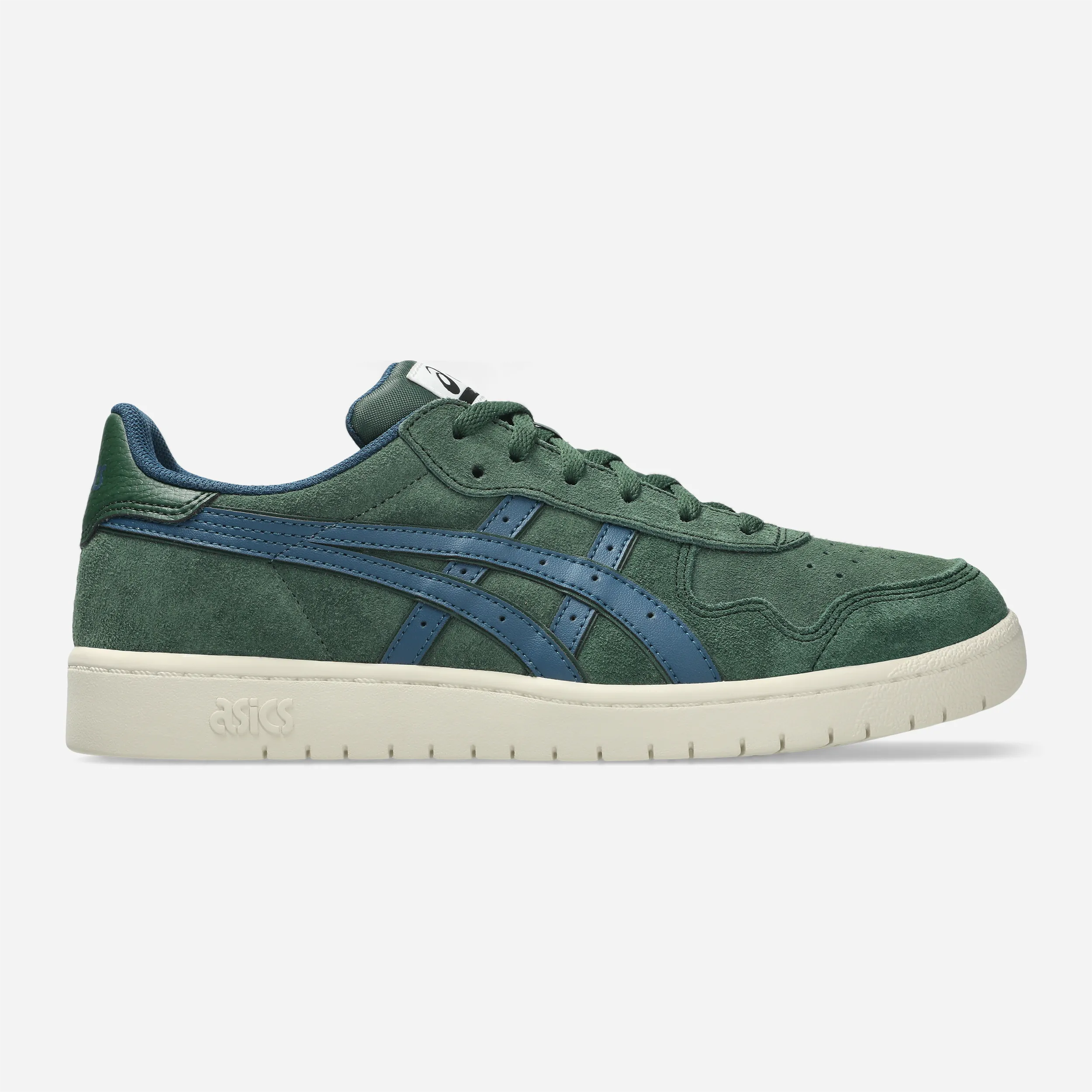 Asics Skateboarding Japan Pro Forest Night Mako Blue suede sneaker with blue stripe overlays, side profile view