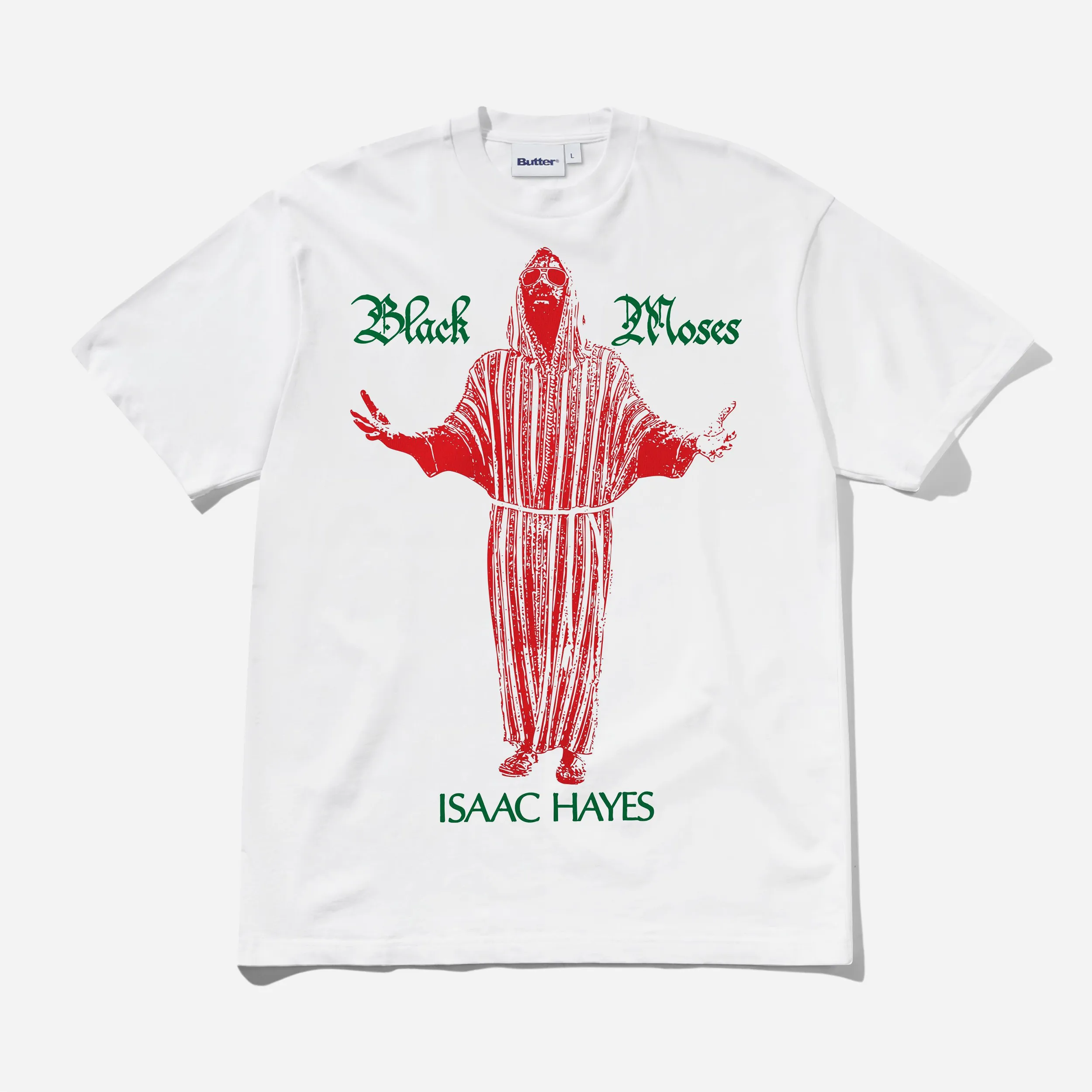 T-shirt blanc homme Butter Goods Black Moses avec imprimé rouge et vert Isaac Hayes vue de face