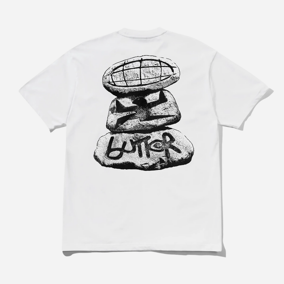 T-shirt Butter Goods Boulder Terrain Tee White vue de dos avec grand graphisme pierres empilées