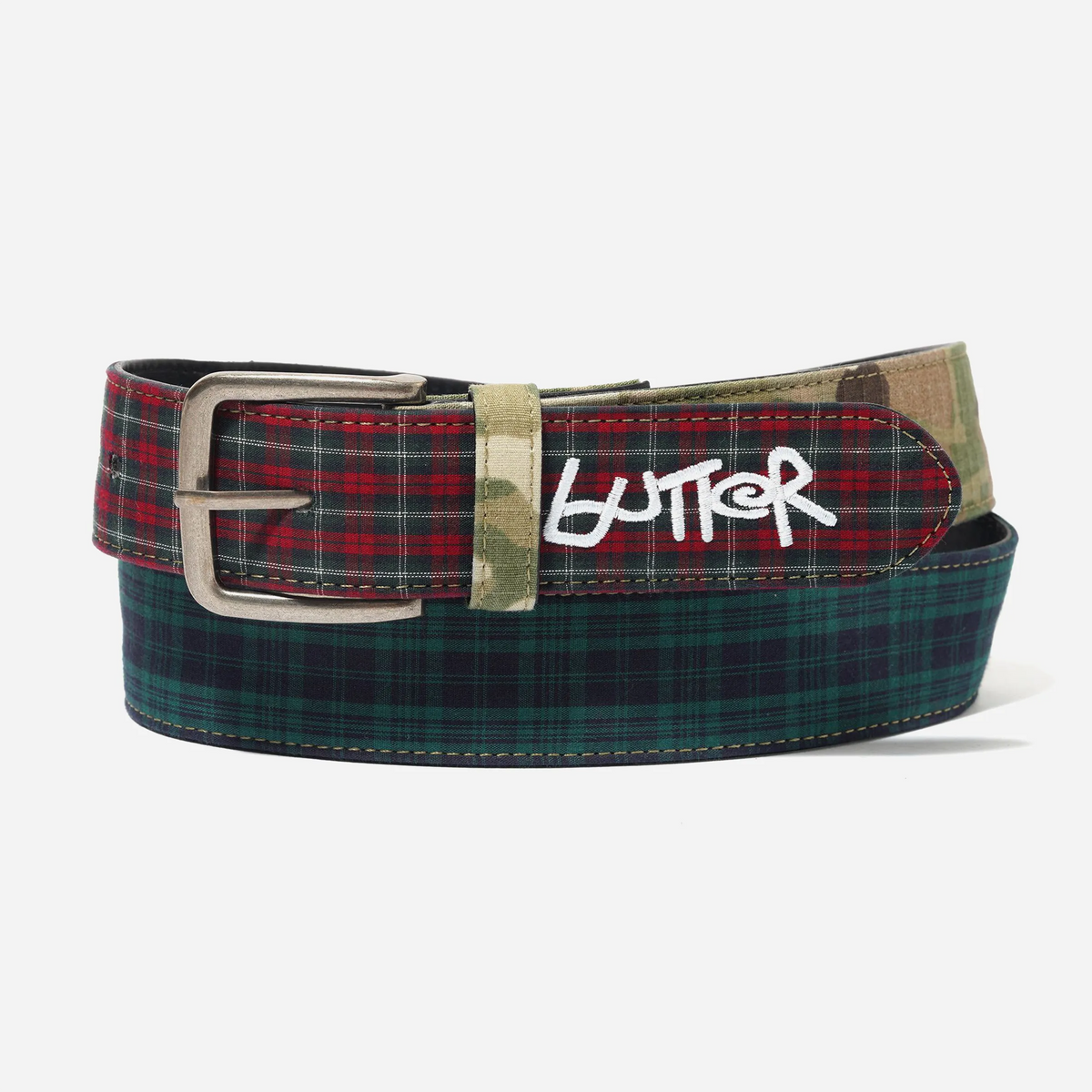 Butter Goods Patchwork Multi streetwear belt featuring tartan, camo patterns and embroidered logo
