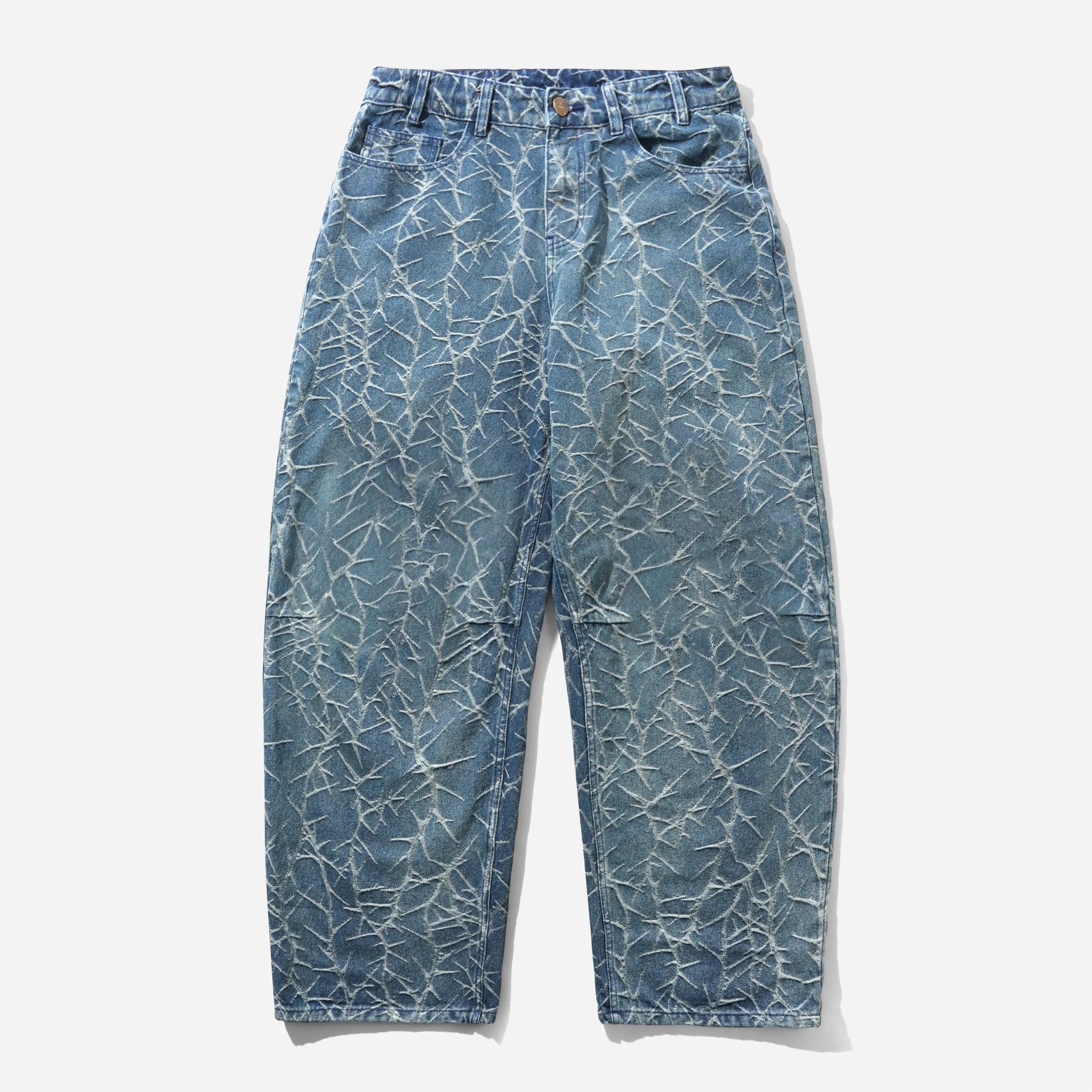 Front flat view of the Butter Goods Men's Thorn Camo Wide Cut denim jeans in Washed Indigo