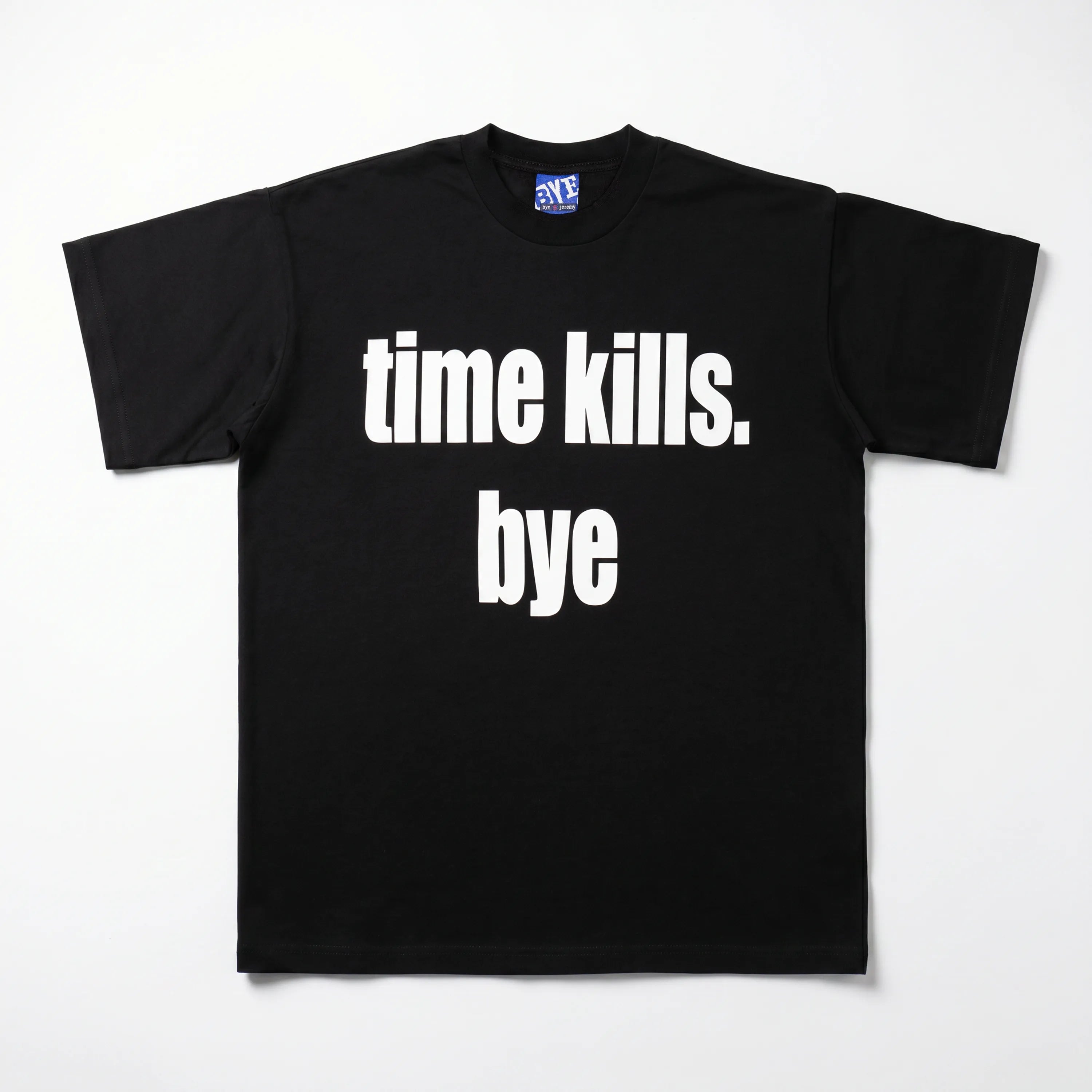 Front view of the black Bye Jeremy Faith tee with high-contrast graphic screenprint.