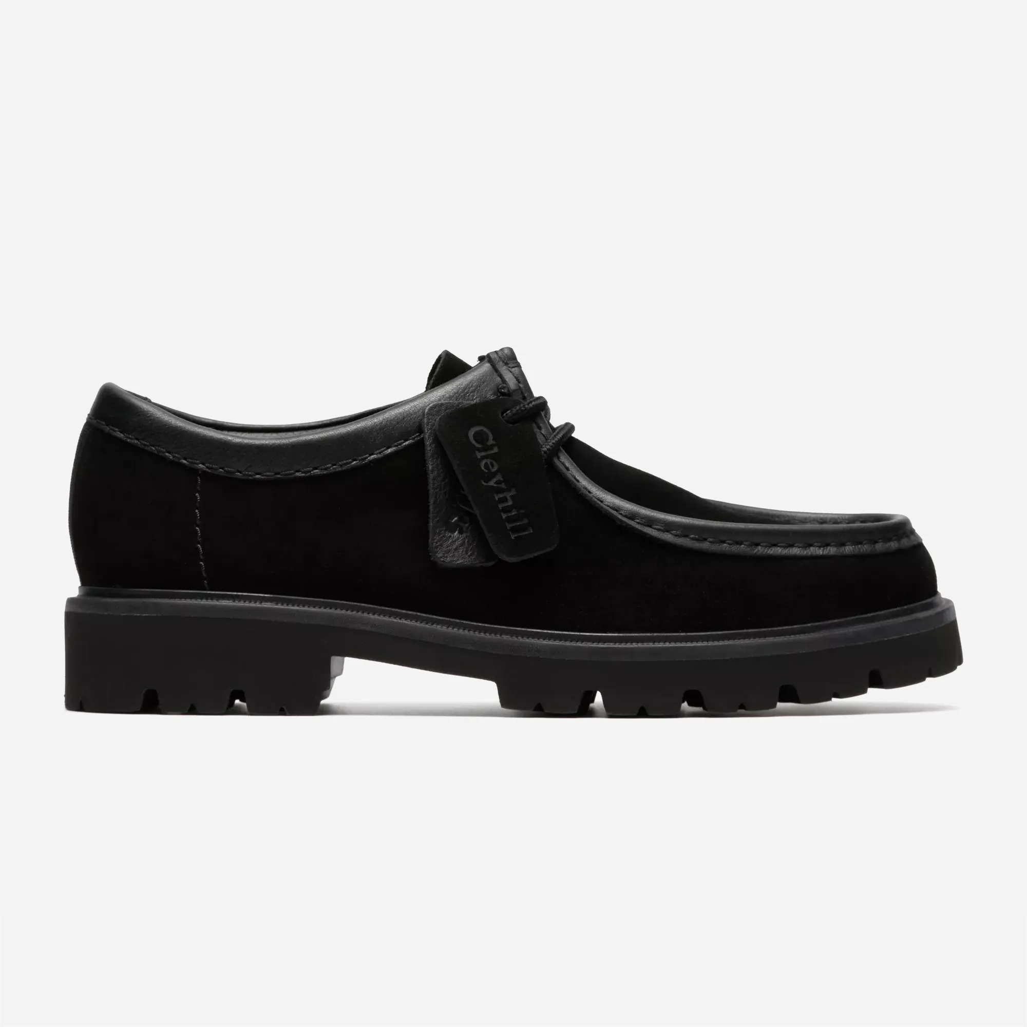 Clarks Cleyhill Seam black suede colorway, side profile, lugged XL Extralight sole