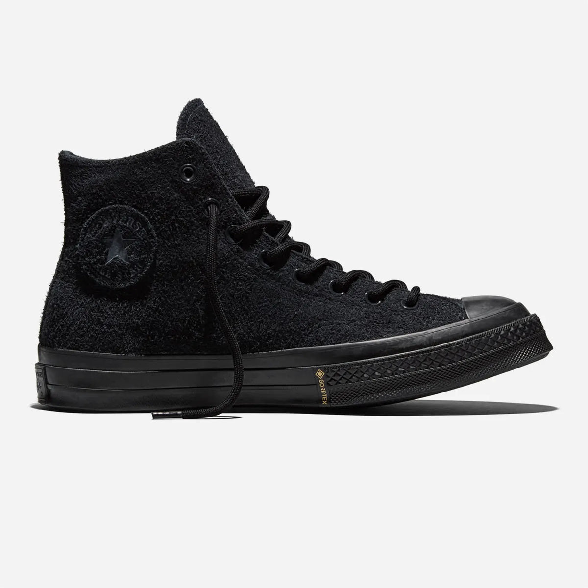 Converse Chuck 70 GTX Hi Black sneaker, all-black hairy suede upper with water beading on the leather