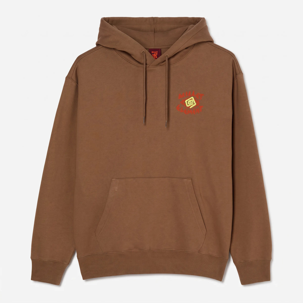 Element x Millet MXE Escape hoodie in Toffee, front view with spiral chest logo and kangaroo pocket